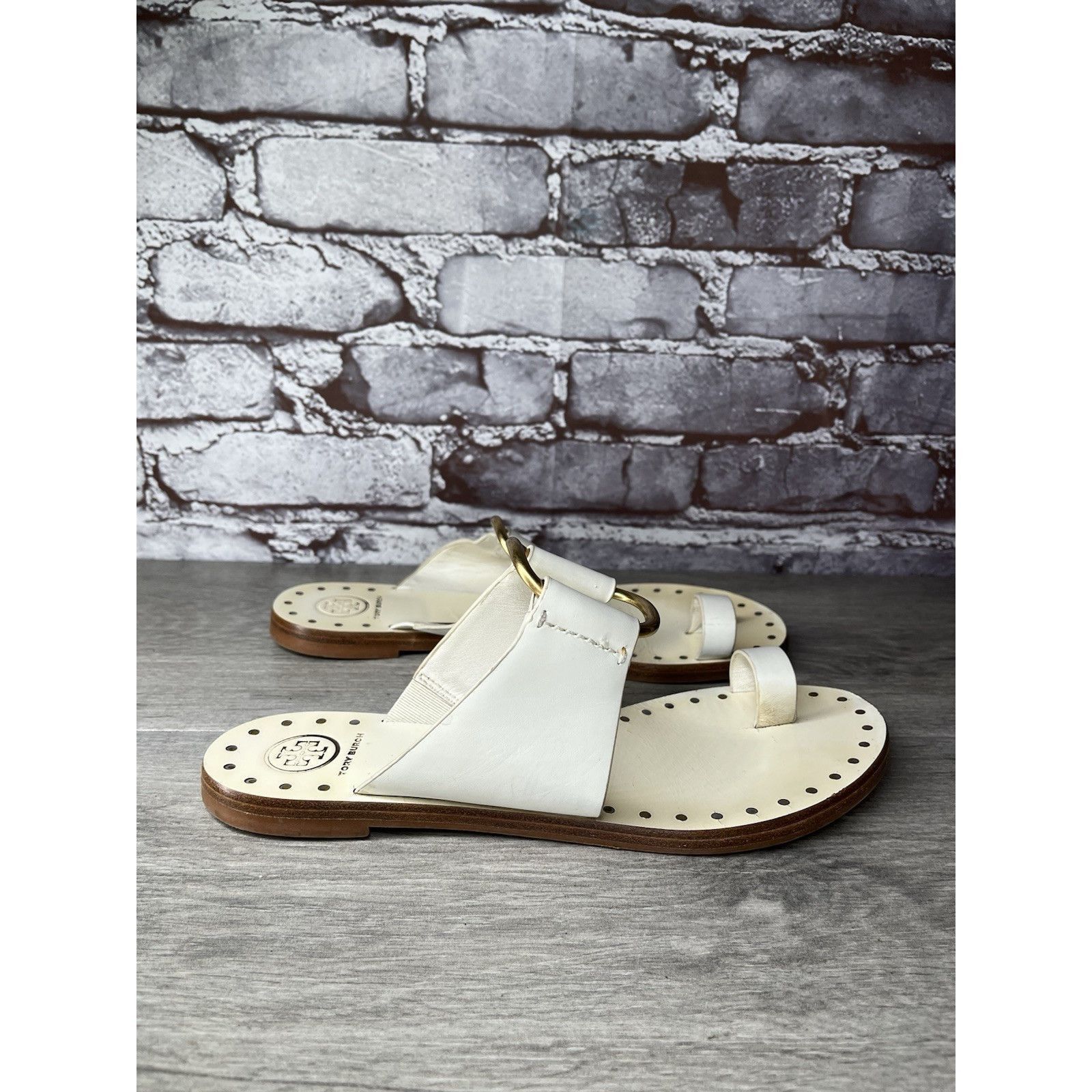 Tory Burch Tory Burch Ravello Studded White Leather Gold Rings Toe Post Size US 8 / IT 38 - 12 Thumbnail
