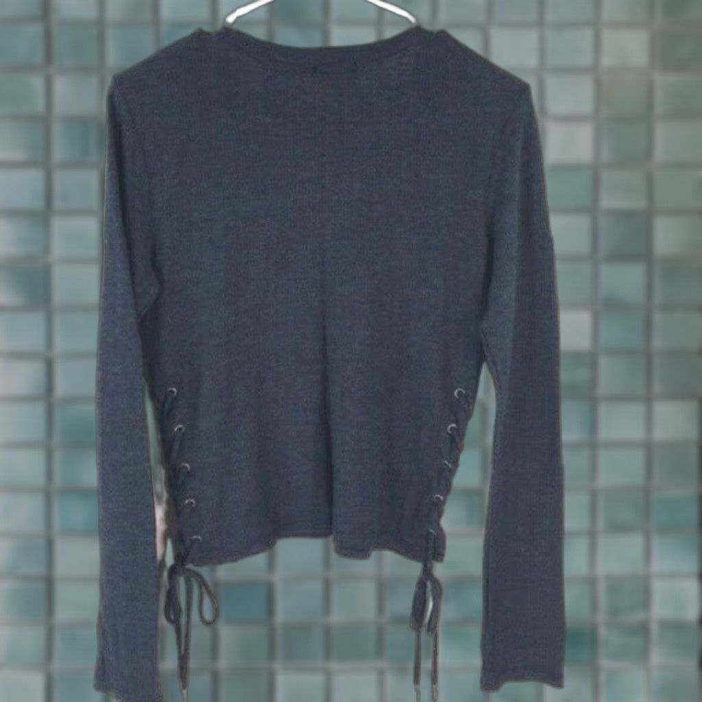 Vintage Chelsea Sky Womens Top Crew Neck Navy Blue Lace Up Long Sleeve Small Size S / US 4 / IT 40 - 1 Thumbnail
