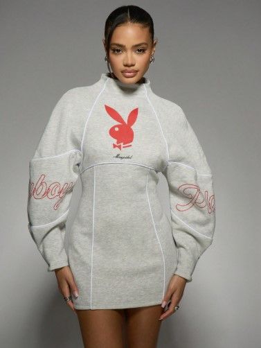 Playboy Missguided x Playboy Panel Balloon Sleeves Sweat Dress Size M / US 6-8 / IT 42-44 - 2 Thumbnail