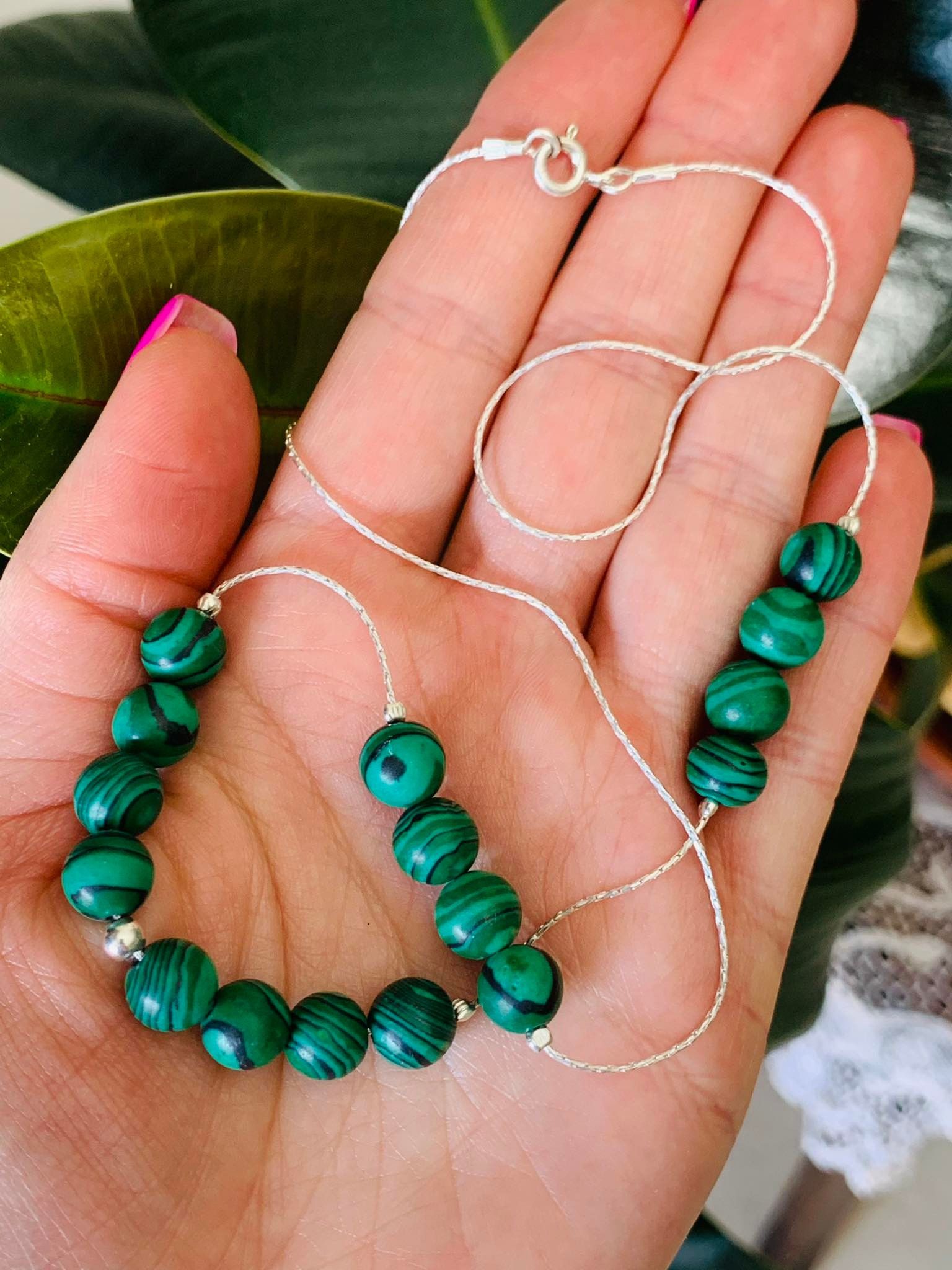 Jewelry x Vintage Sterling Silver Necklace Beaded Natural Malachite, Women's
