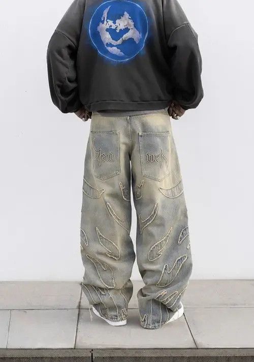 Japanese Brand Street Retro Raw Edge Embroidery Baggy Jeans Size US 34 / EU 50 - 3 Thumbnail
