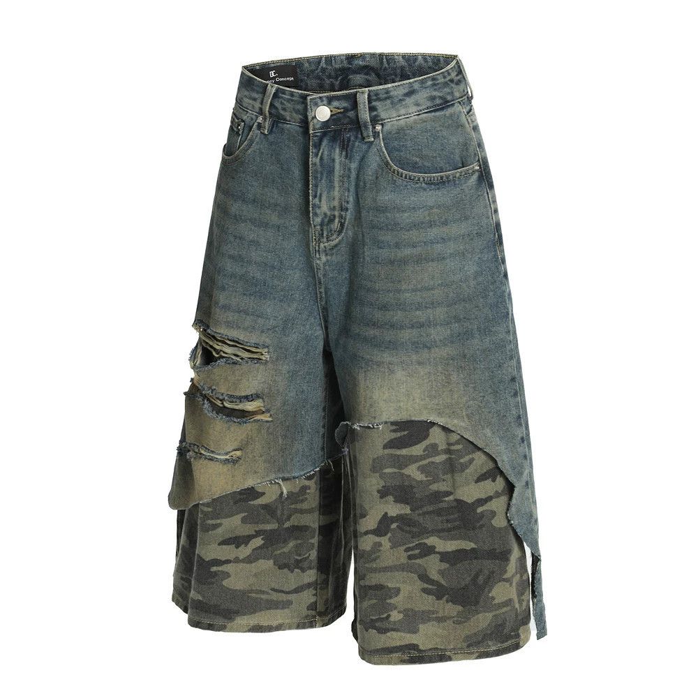 Jean Men's washed raw-edge distressed camouflage denim shorts Size US 32 / EU 48 - 2 Thumbnail