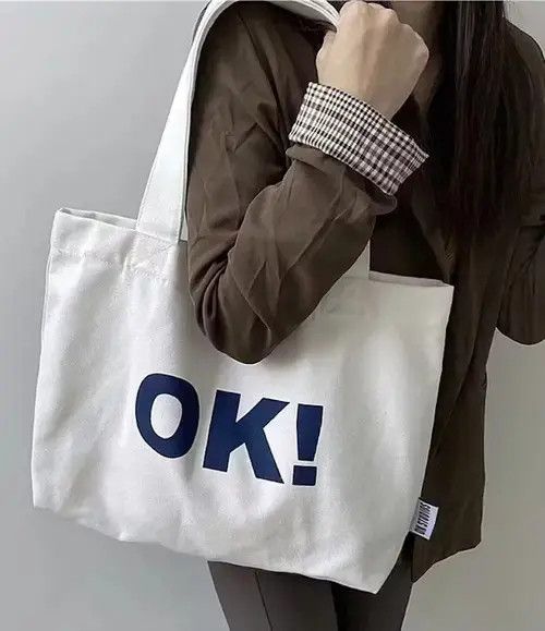 Retro Y2K Unisex Ok! Canvas Shoulder Tote Bag Aesthetic in White, Men's