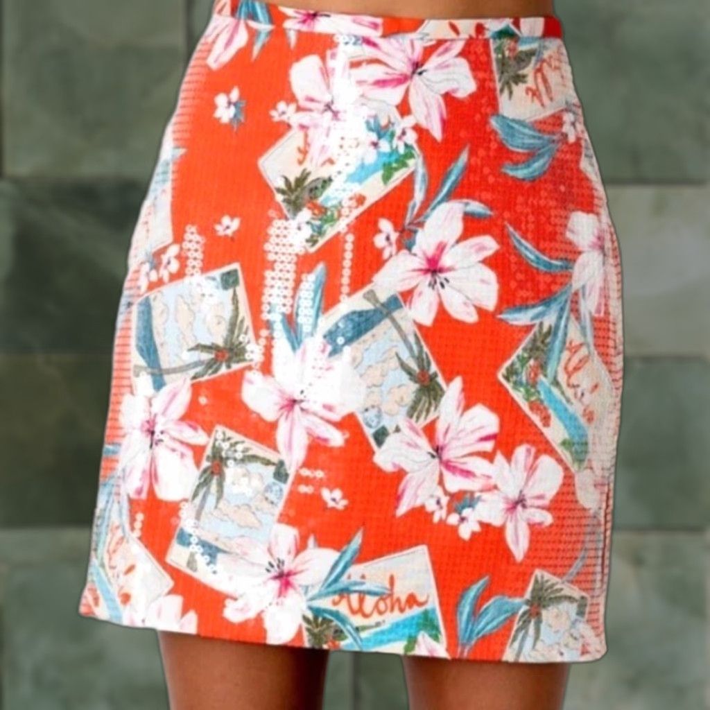 Le Superbe VINTAGE Le Superbe Sequin Postcard Print Mini Skirt Women Red Aloha Size 8 Short Sequin 90s? Size 30" / US 8 / IT 44 - 1 Thumbnail