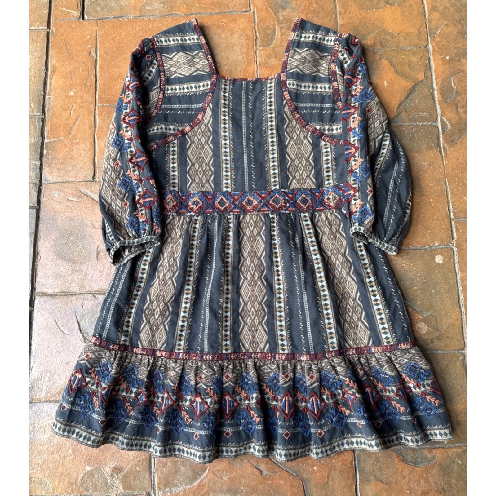 Anthropologie Anthropologie Embroidered Tunic Dress Women’s Small 3/4 Sleeve Multicolor Cotton V-Neck Geometric Casual Short Dress Womens Size S / US 4 / IT 40 - 3 Thumbnail