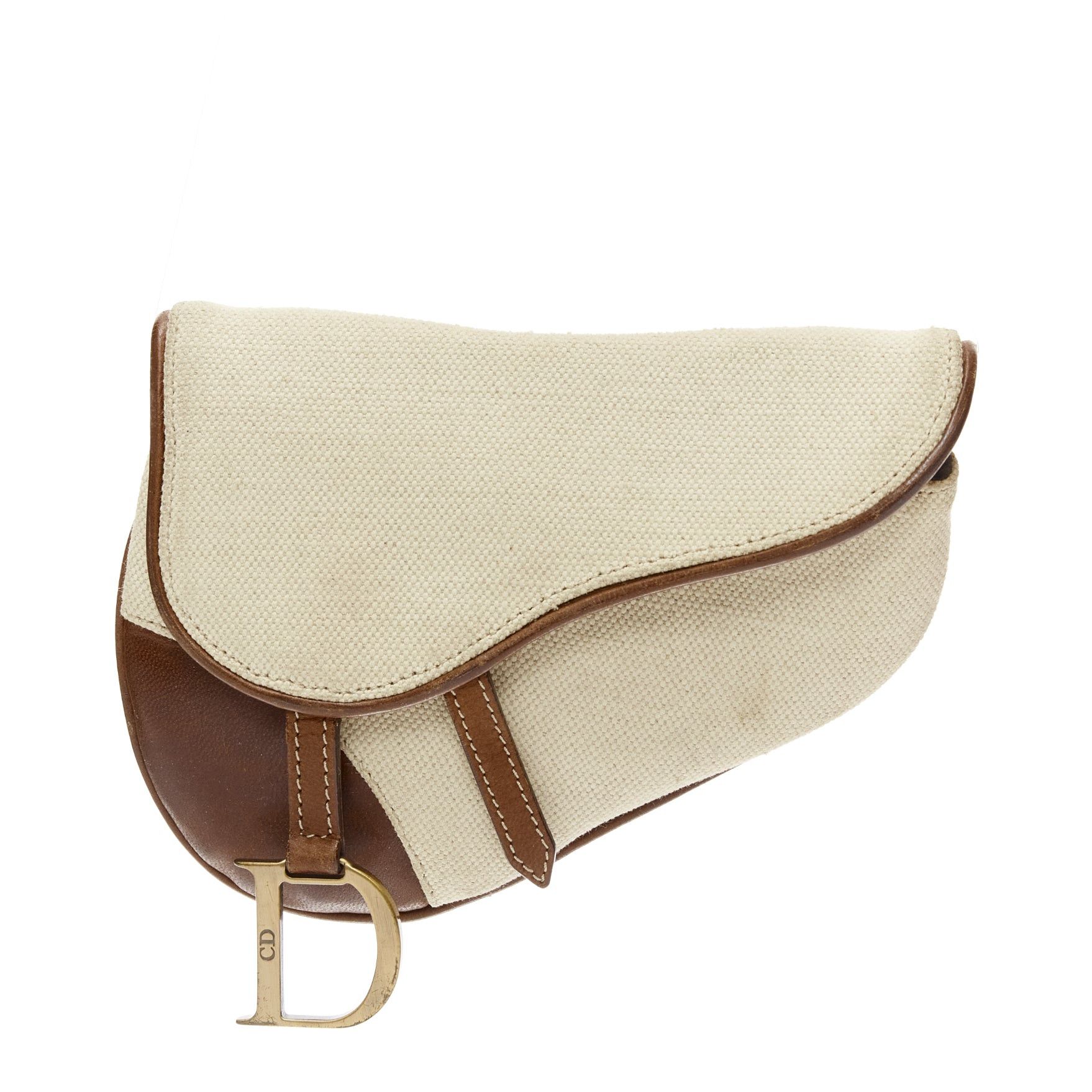 Christian Dior John Galliano Vintage Saddle D Beige Canvas Leather Belt Bag Pouch in Green, Women's