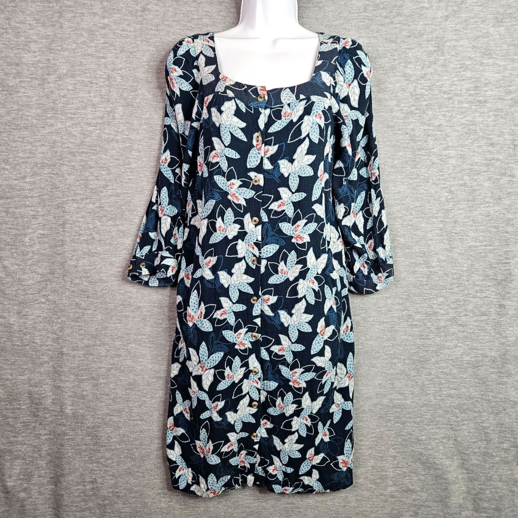 Vintage Garnet Hill Dress Blue Floral Button Front Square Neck Long Sleeve A-Line S Small Vintage No Size S / US 4 / IT 40 - 2 Thumbnail
