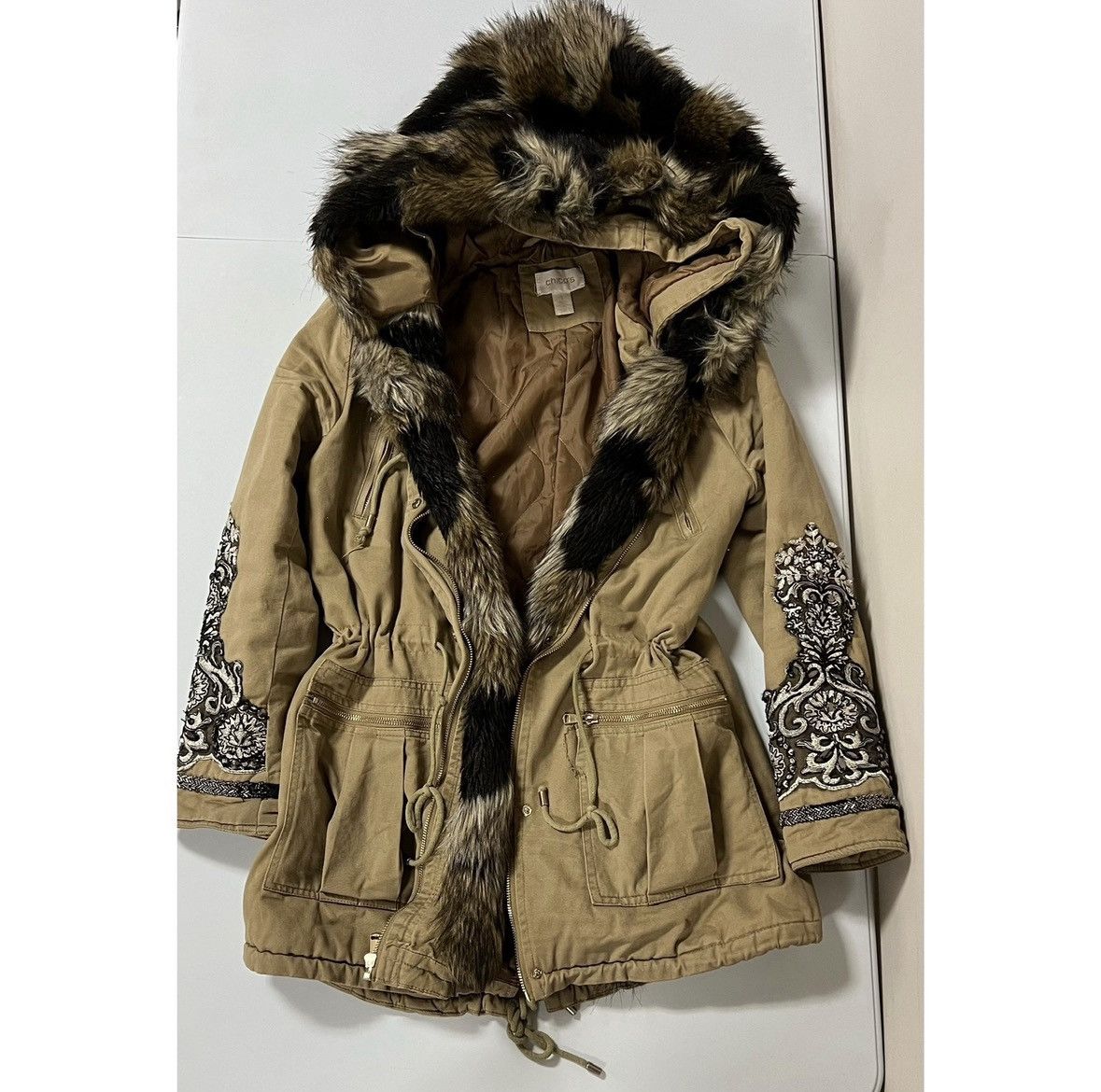 Chicos Chicos Tan Brown Fur Y2K Embroidered Jacket Coat Size 1 🤎✨ Size XS / US 0-2 / IT 36-38 - 5 Thumbnail