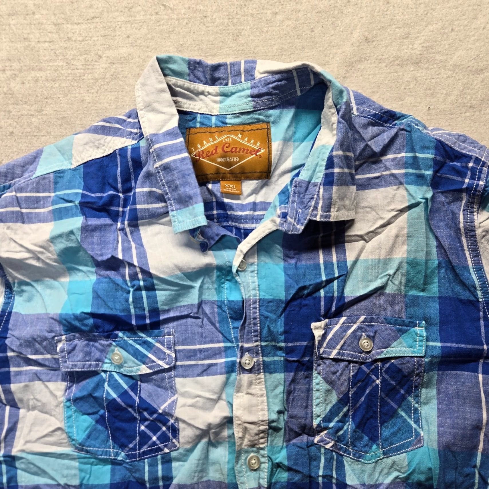 Camel Red Camel Shirt Button-Up Short Sleeve Plaid Cotton Blue 2XL Mens Casual Western Modern Classic — Button-Up Shirt Size US XXL / EU 58 / 5 - 2 Thumbnail