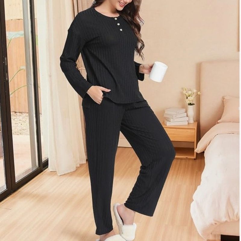 The Unbranded Brand Womens Ribbed Knit Lounge Set Long Sleeve Henley Neck XL Size 38" / US 16 / IT 52 - 3 Thumbnail