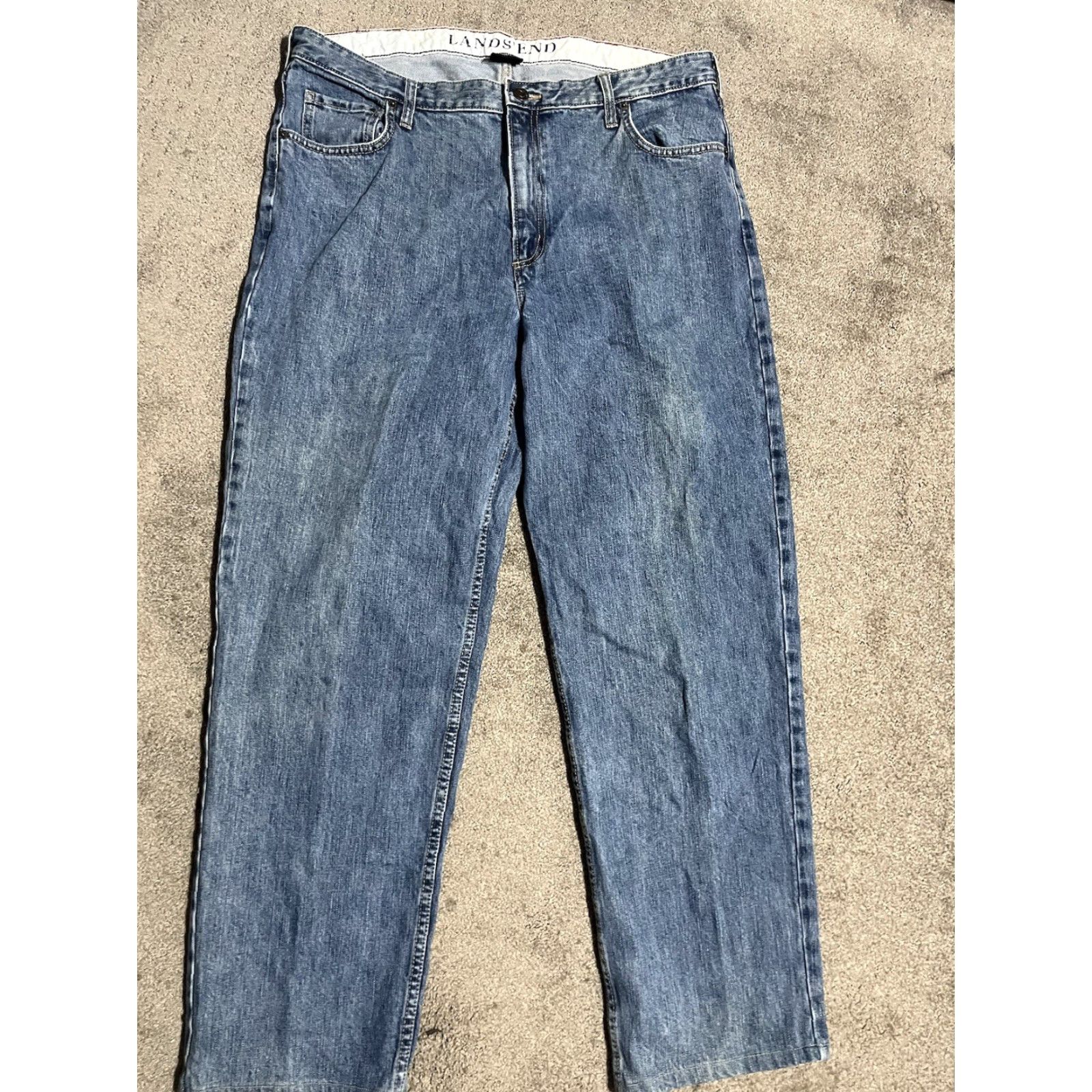 Lands' End Lands' End Jeans 40x31 Relaxed Fit Slightly Tapered Leg Cotton Blue Denim Men Regular 5-Pocket Waist 40 Inseam 31 Zip Button Logo Belt Loops Size US 40 / EU 56 - 3 Thumbnail