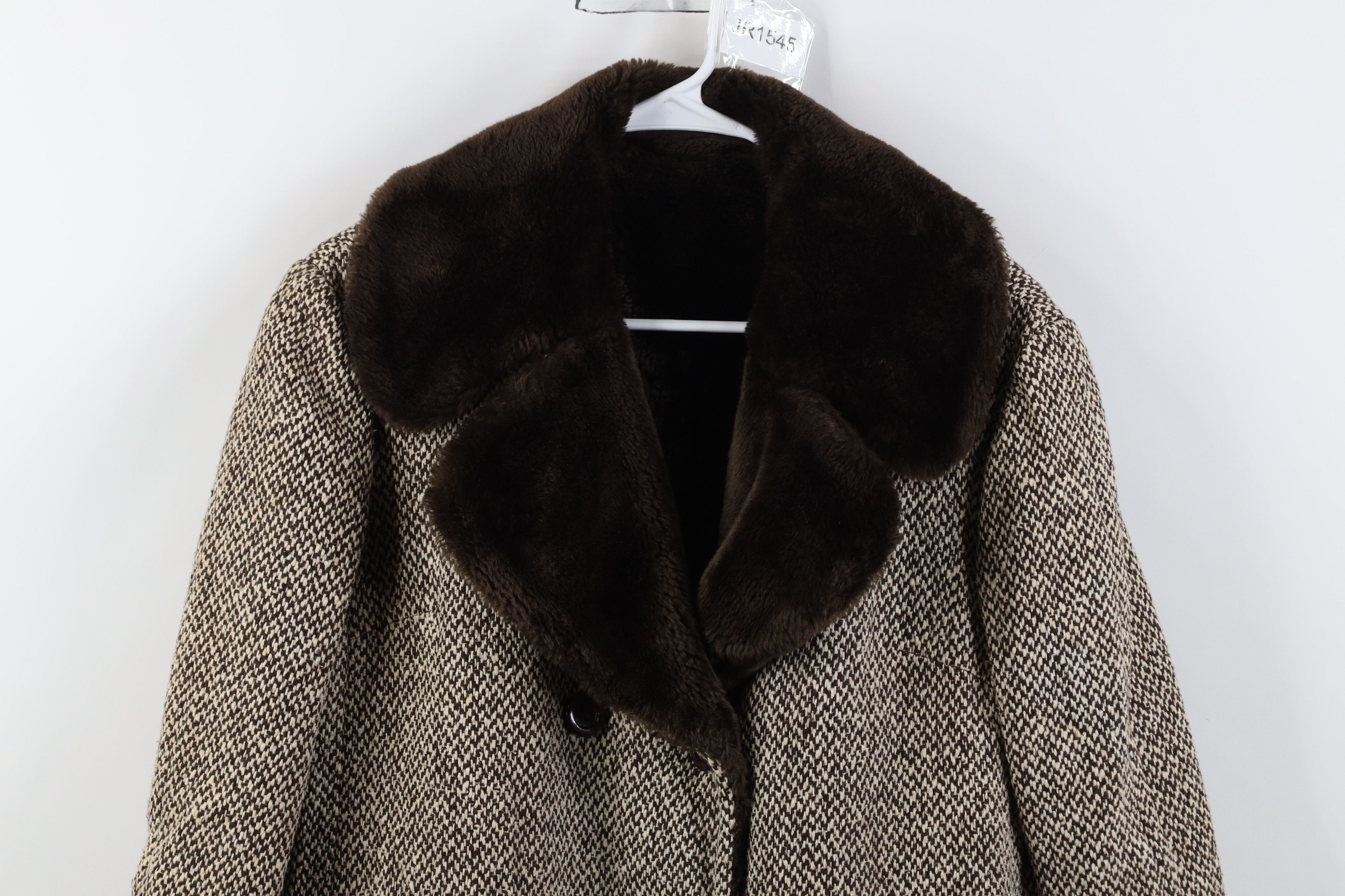 Vintage Vintage 60s 70s Fur Double Breasted Wool Tweed Coat Jacket Size L / US 10 / IT 46 - 2 Thumbnail