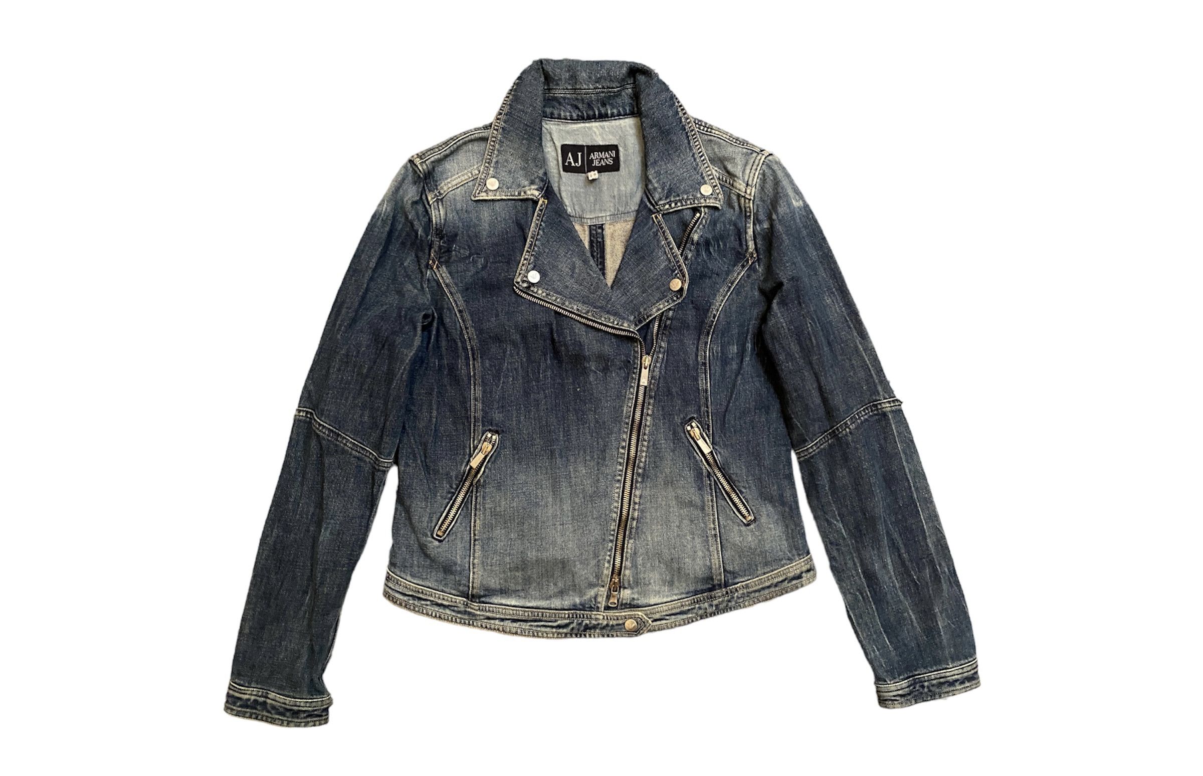 image of Vintage 90's Armani Distressed Denim Biker Jacket For Ladies in Blue, Women's (Size Small)