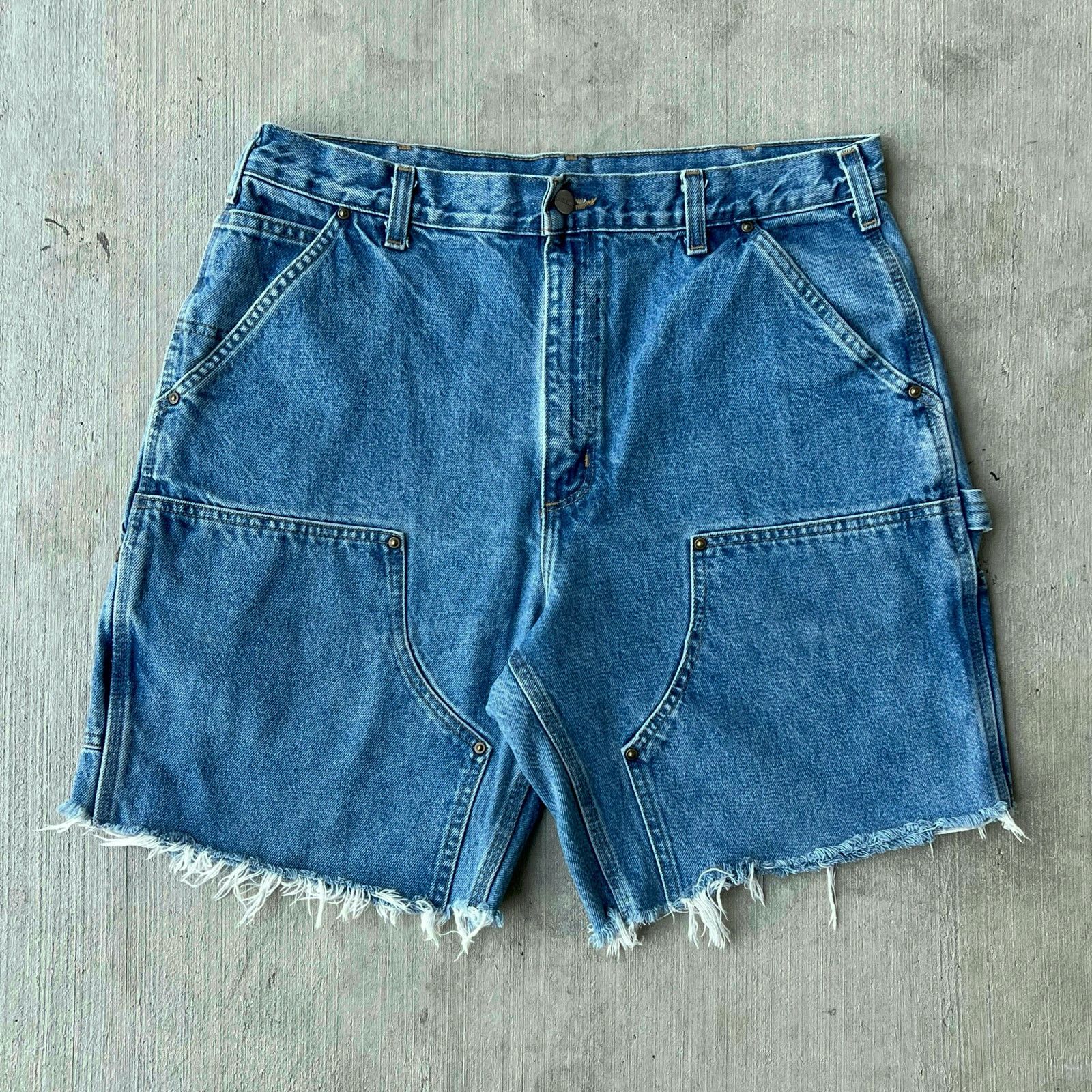 Carhartt blue denim jeans double knee work carpenter shorts