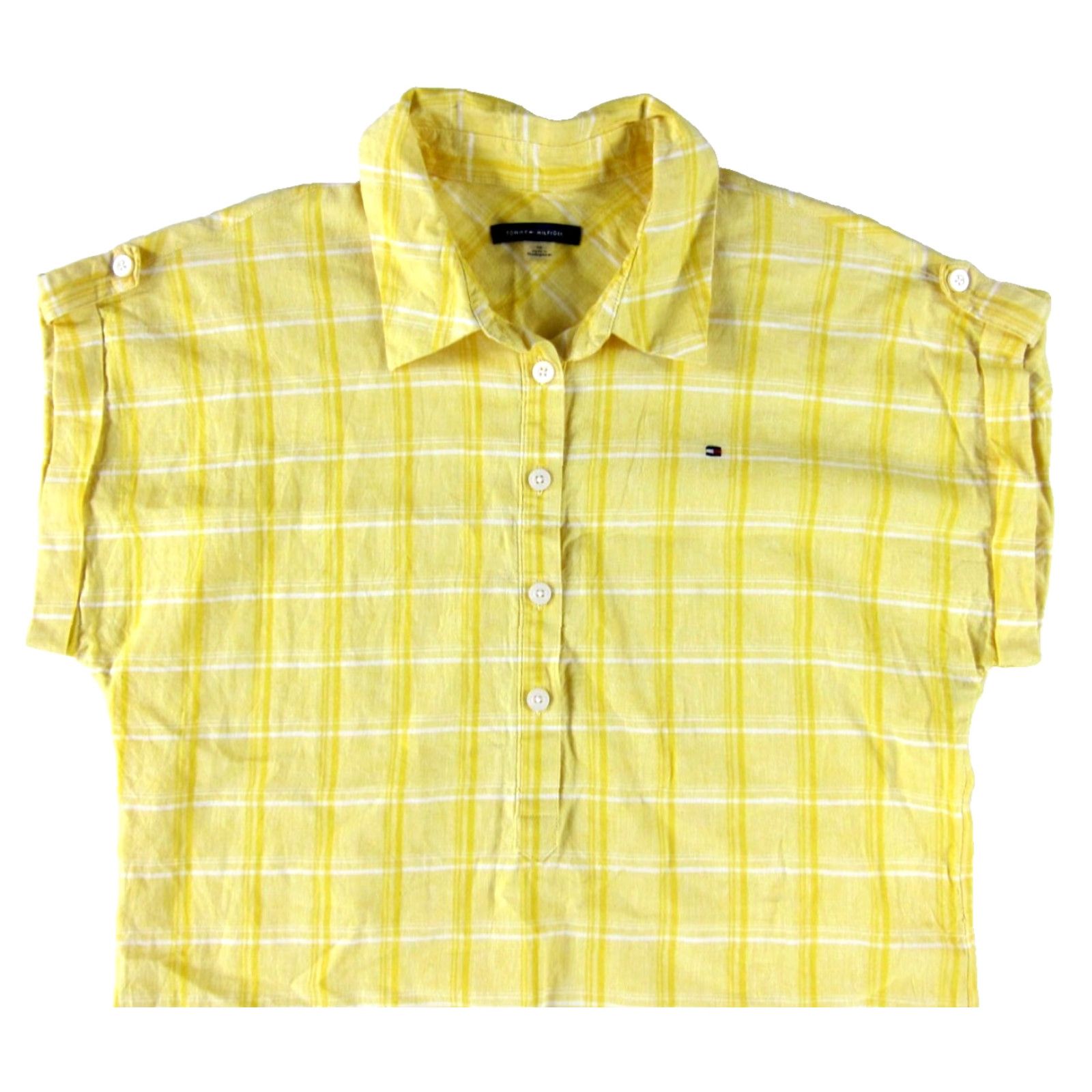 Tommy Hilfiger Tommy Hilfiger Shirt Dress Cap Sleeve Linen Yellow Plaid Tunic Collared Button 10 Midi Womens Size L / US 10 / IT 46 - 4 Thumbnail