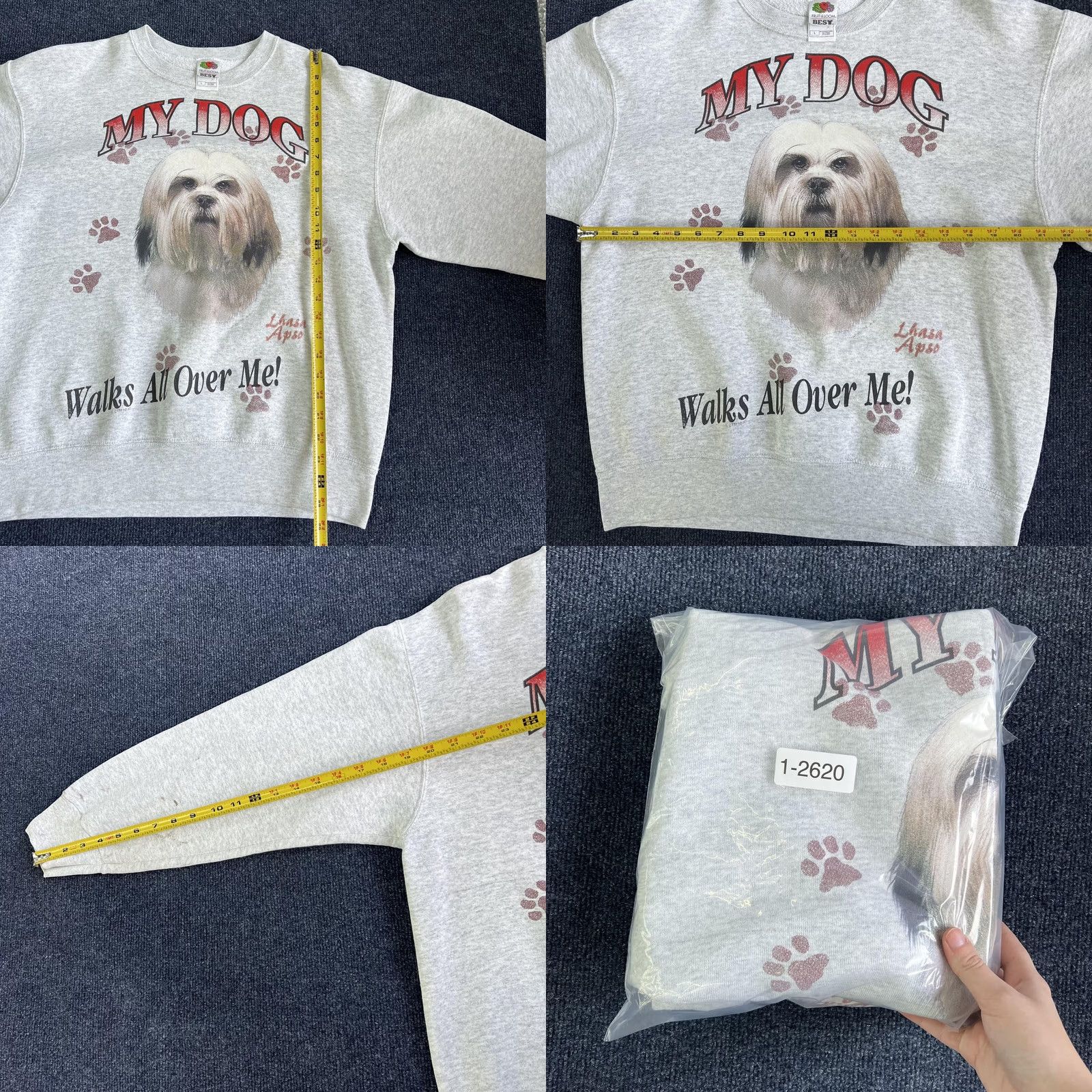 Fruit Of The Loom VINTAGE Lhasa Apso Sweatshirt Mens Large Gray My Dog Walks All Over Me 90s Size US L / EU 52-54 / 3 - 8 Thumbnail