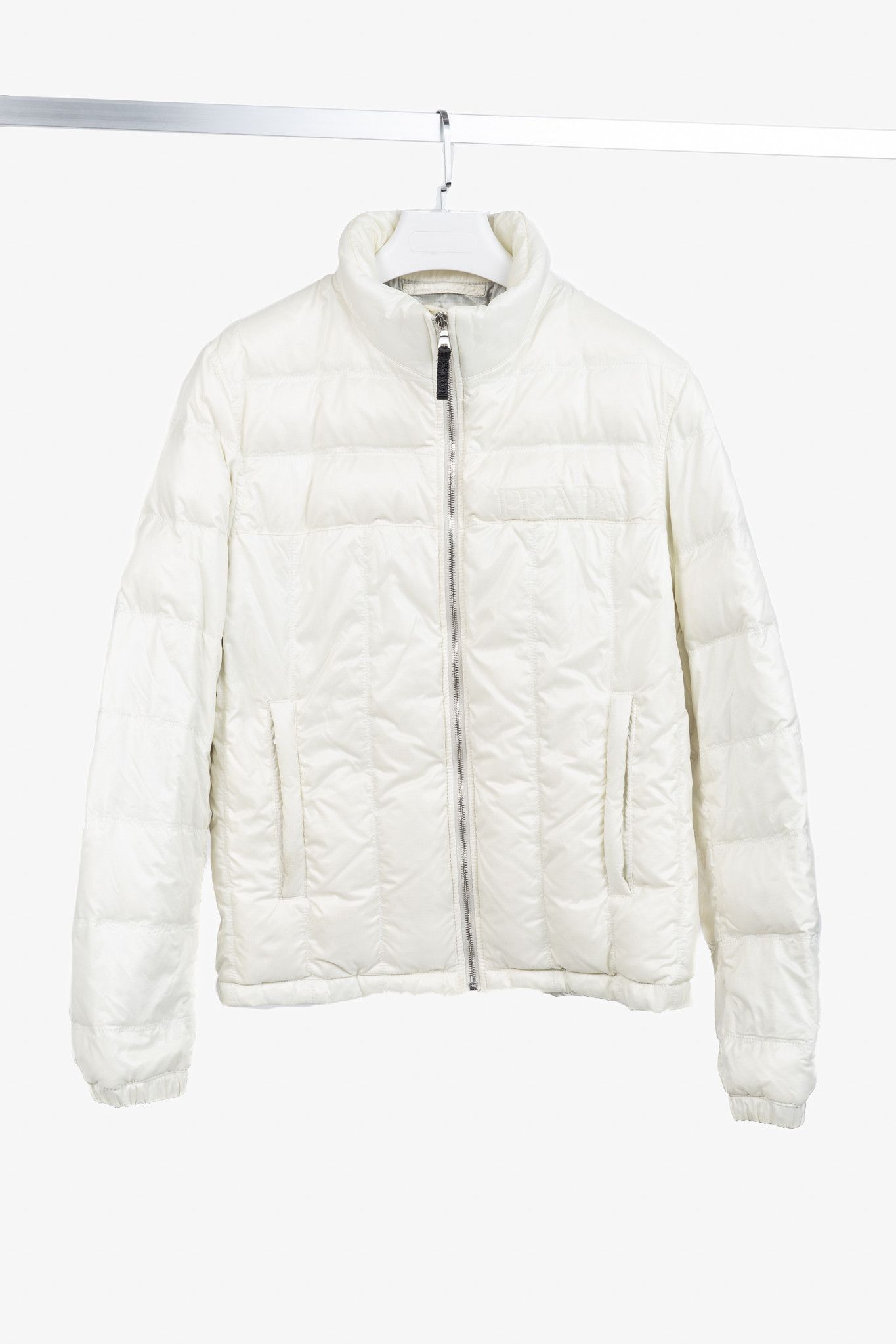 Prada Prada Cream Nylon Embroidered-Logo Quilted Down Puffer Size US XL / EU 56 / 4 - 1 Thumbnail