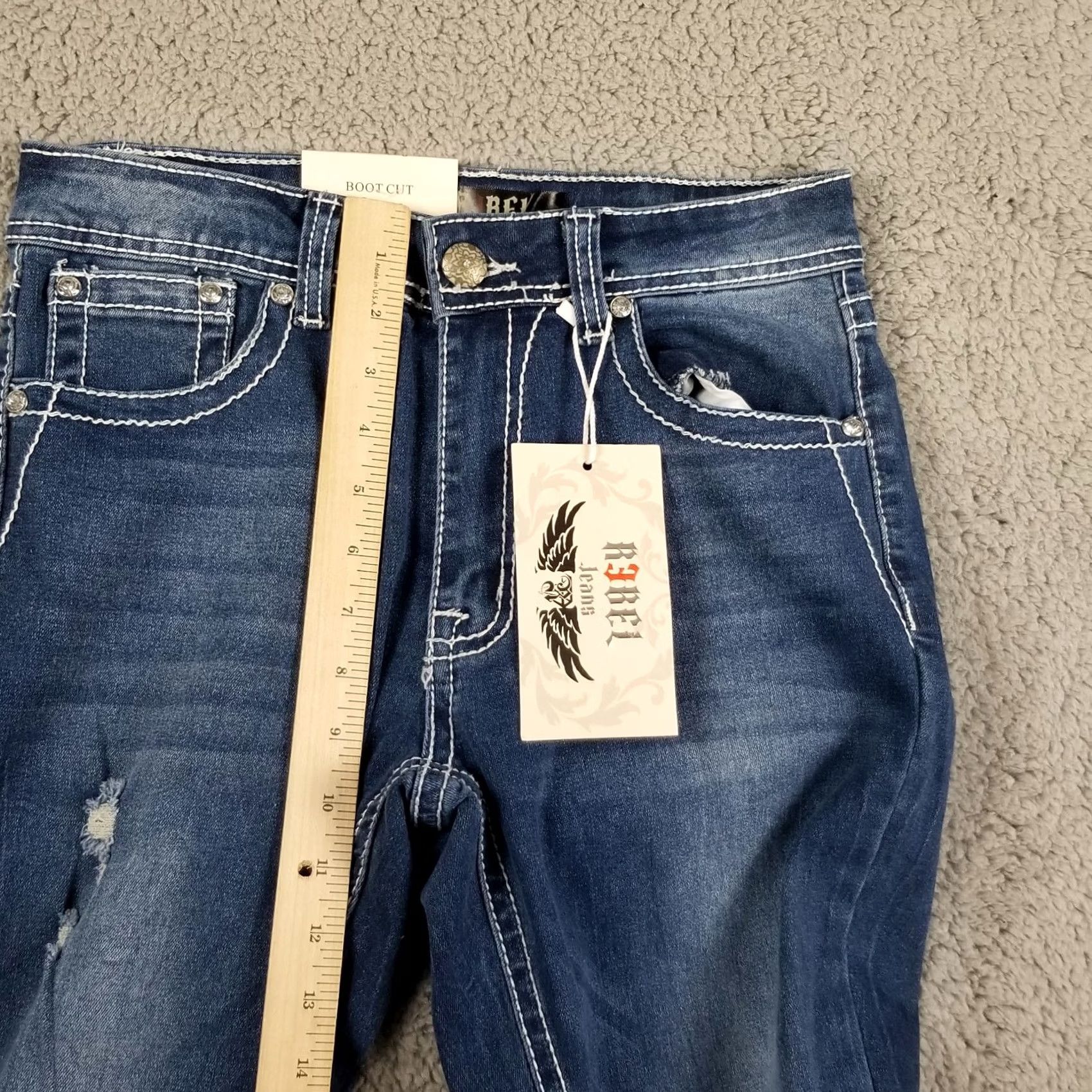 Denime R3bel Jeans Bootcut Denim Distressed 27x30 NWT Women Adults 9/27 Blue Embl Ellished Stones Size US 27 - 7 Thumbnail