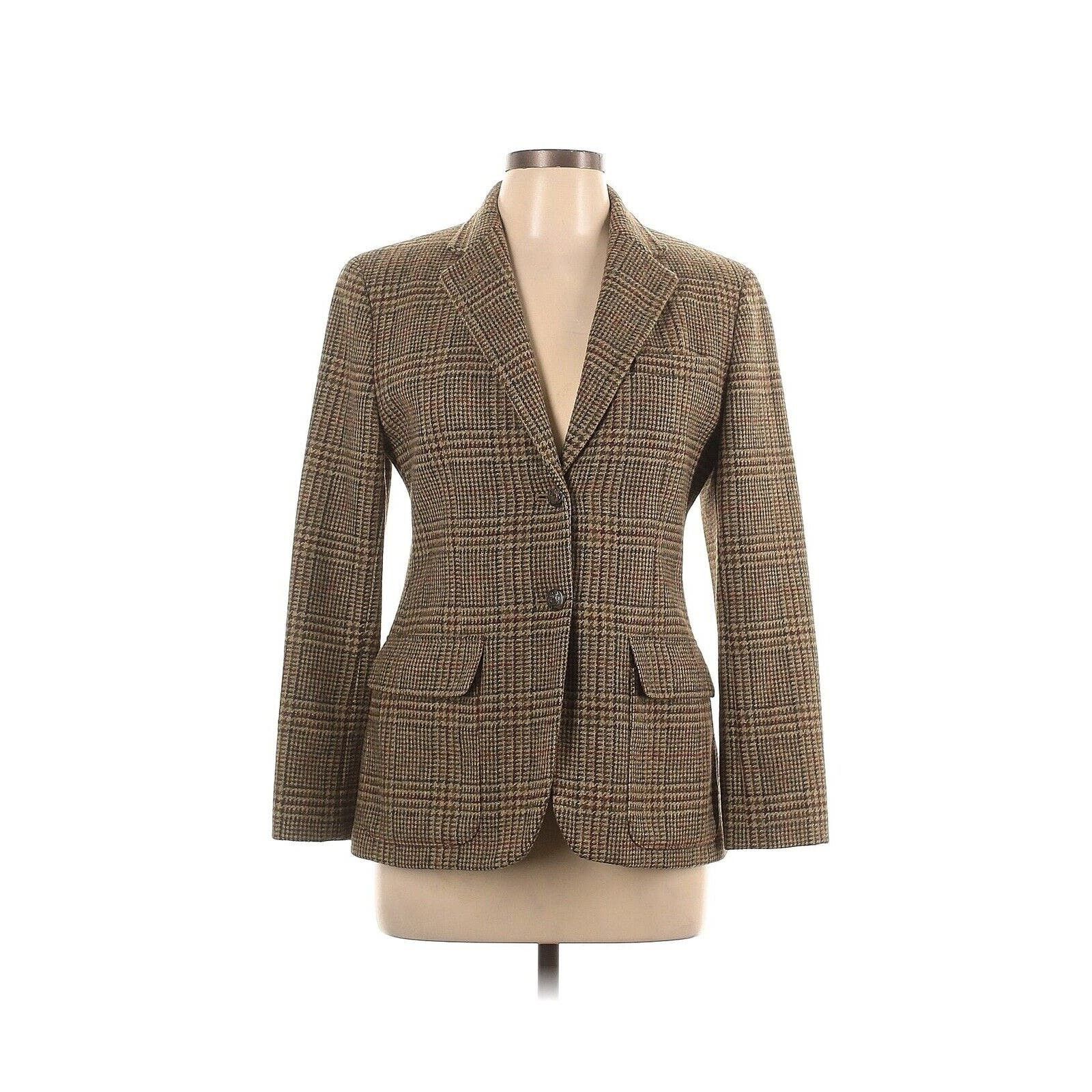 image of Ralph Laurent Wool Plaid Tweed Equestrian Horse Buttons 6P in Brown, Women's (Size Medium)
