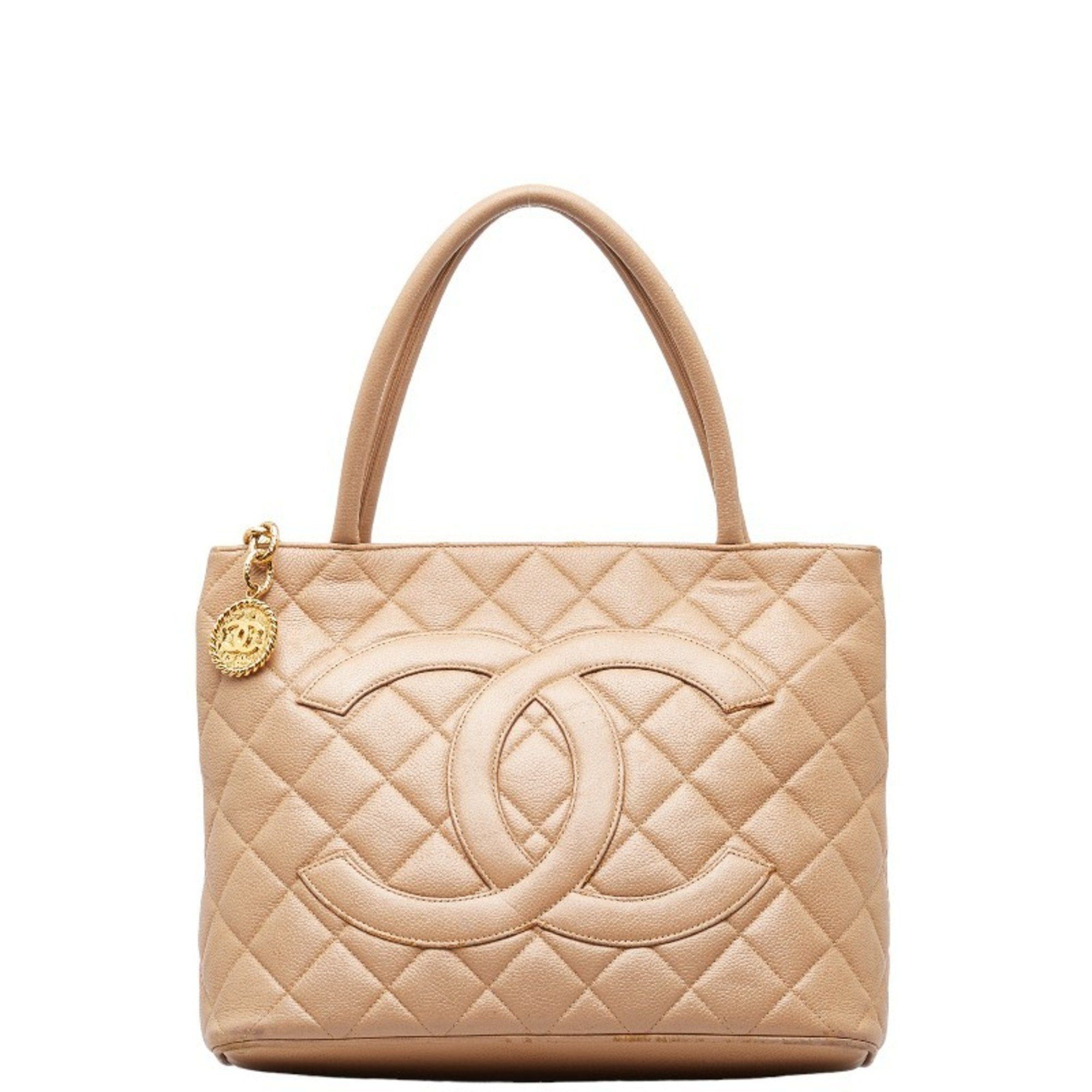 image of Chanel Matelasse Medallion Coco Mark Reprint Tote Bag Handbag Beige Gold Caviar Skin Women's in Whi