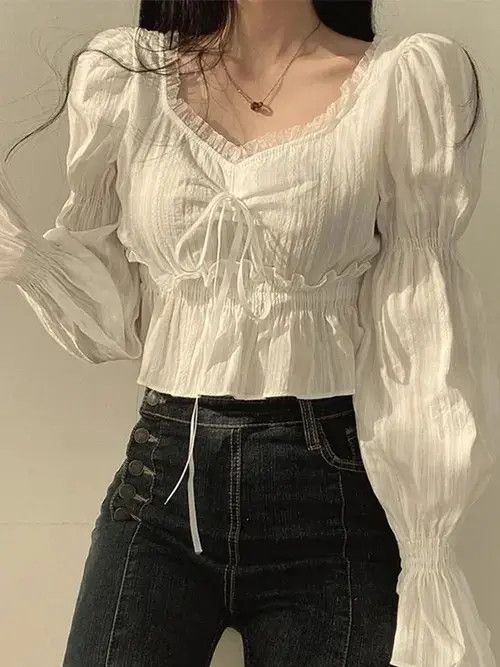 Japanese Brand Women's Puff Sleeve Chiffon Blouse Korean Ruffle Size ONE SIZE - 2 Thumbnail