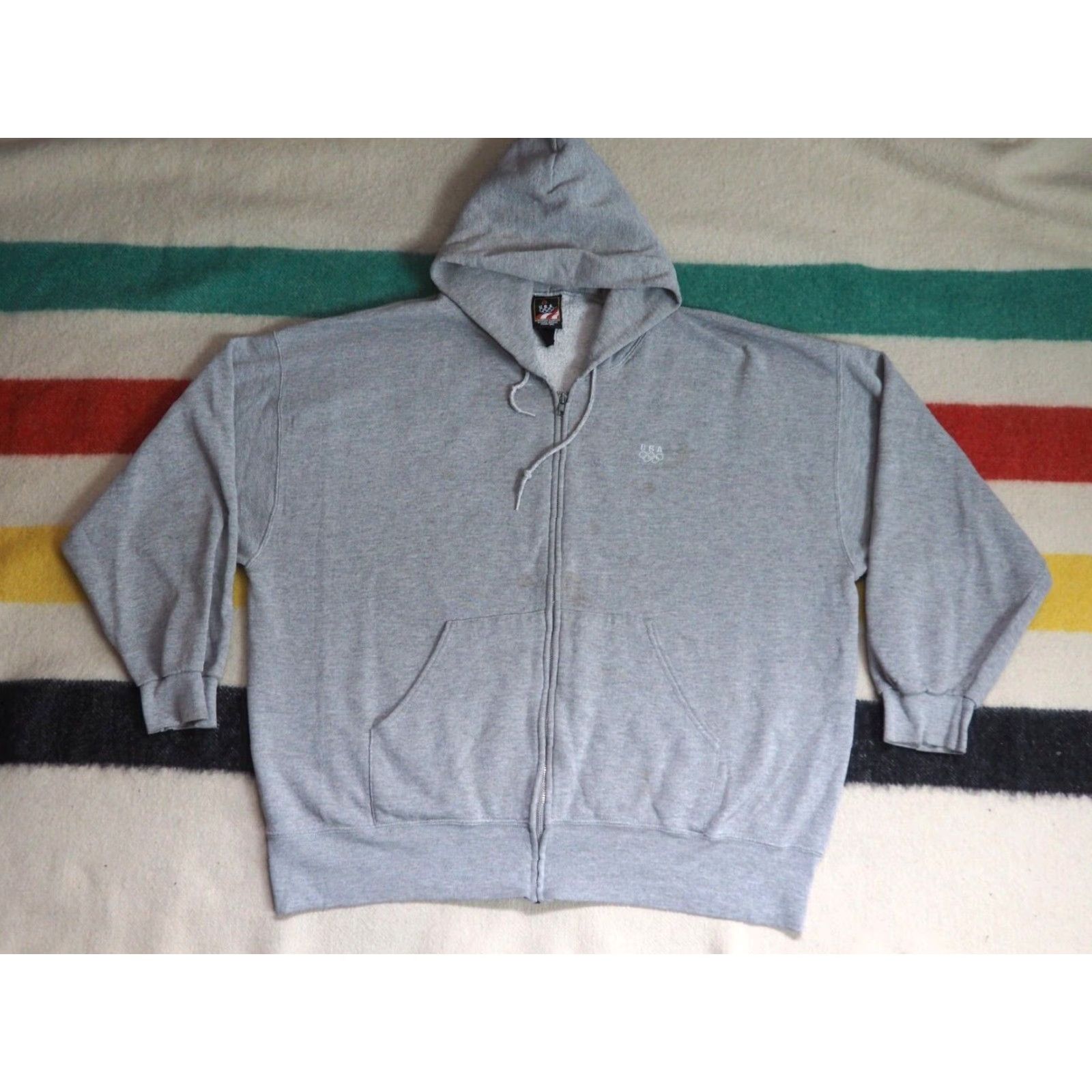 Vintage VTG 90s Penneys USA Olympics Team Heather Gray Full Zip Hoodie Sweatshirt 2XL Men's Hooded Fleece Cotton Embroidered Logo 90s Vintage Size US XXL / EU 58 / 5 - 2 Thumbnail