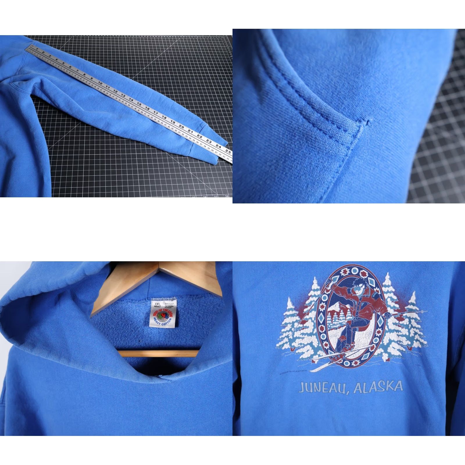 Fruit Of The Loom VINTAGE 90s Juneau Alaska Ski Hoodie Mens XL Blue Pullover Sweatshirt Heavy Cotton VTG Size US XL / EU 56 / 4 - 8 Thumbnail