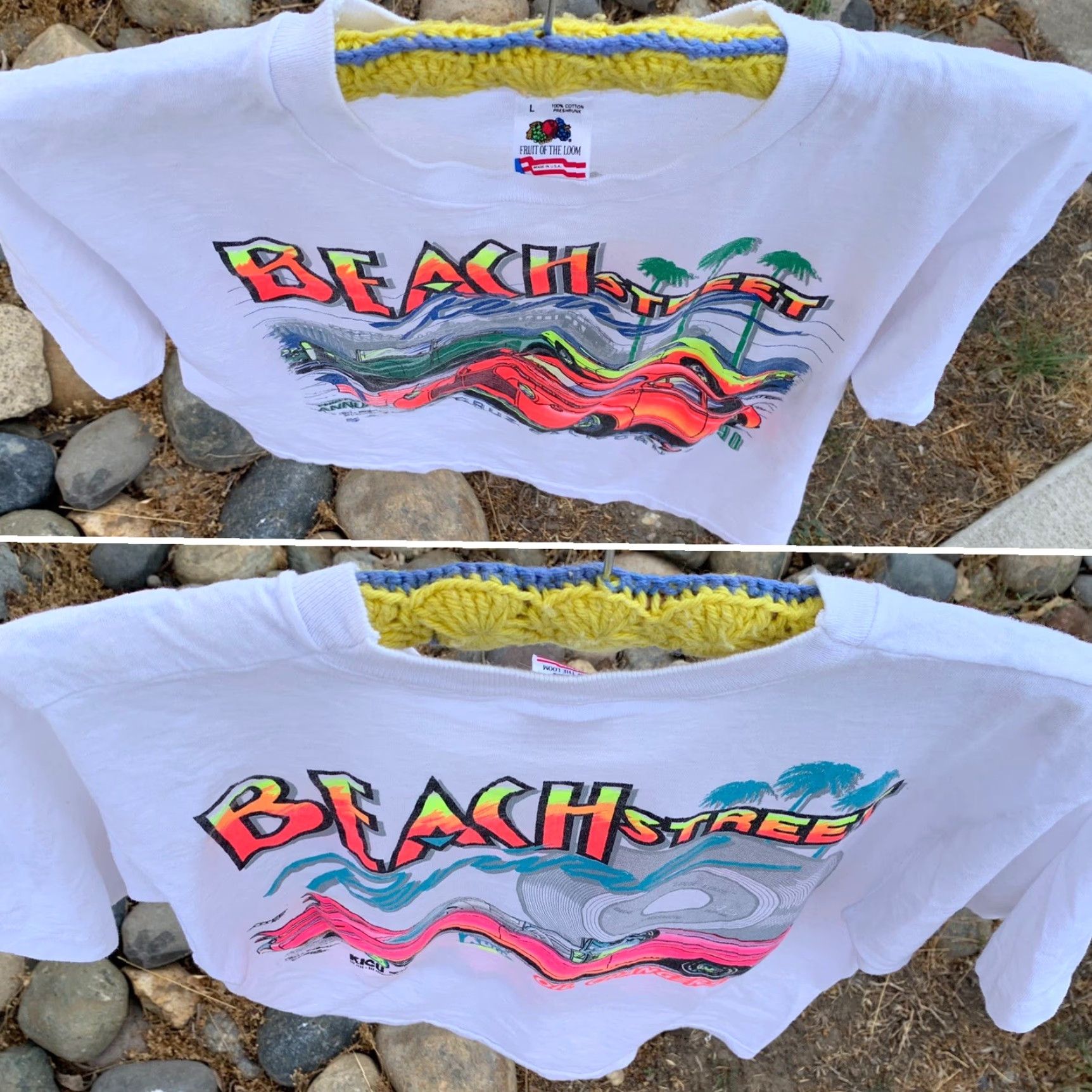 Fruit Of The Loom VINTAGE Beach Street Revival 1990 Santa Cruz T-Shirt neon graphics Classic Cars Shirt Unisex L White 1990s Graphics Tee Girls/Mens? Size US L / EU 52-54 / 3 - 4 Thumbnail
