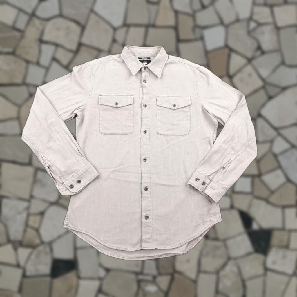Vintage G Star Raw Shirt Mens Medium Beige Marine Slim Fit Long Sleeve Canvas Button Up Size US M / EU 48-50 / 2 - 1 Thumbnail