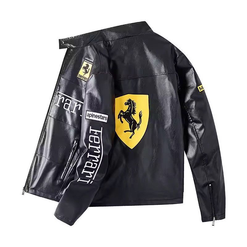 Ferrari black leather racing jacket big logo embroidery