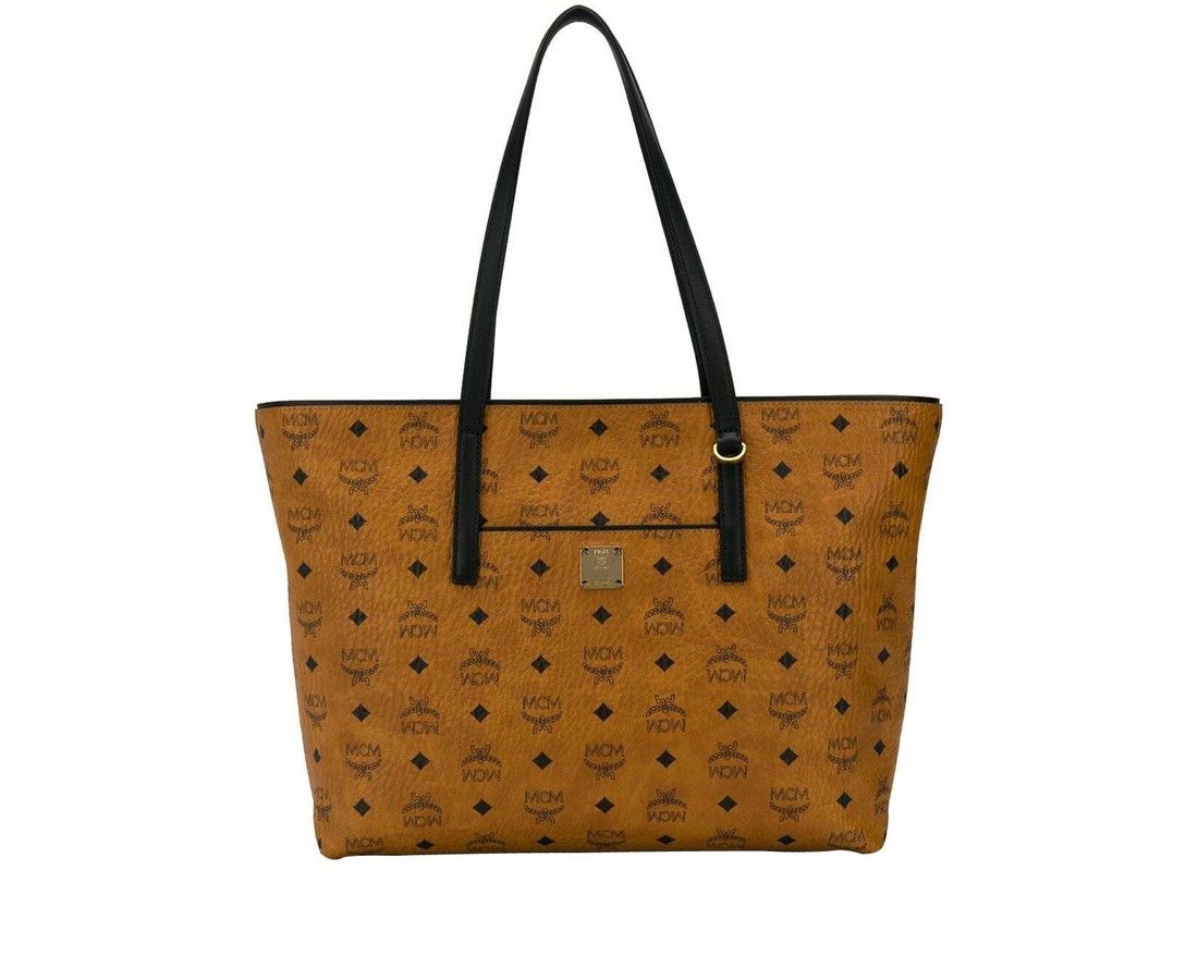 MCM Women's Cognac Brown Monogram Visetos Medium Shopper Tote Size ONE SIZE - 1 Thumbnail