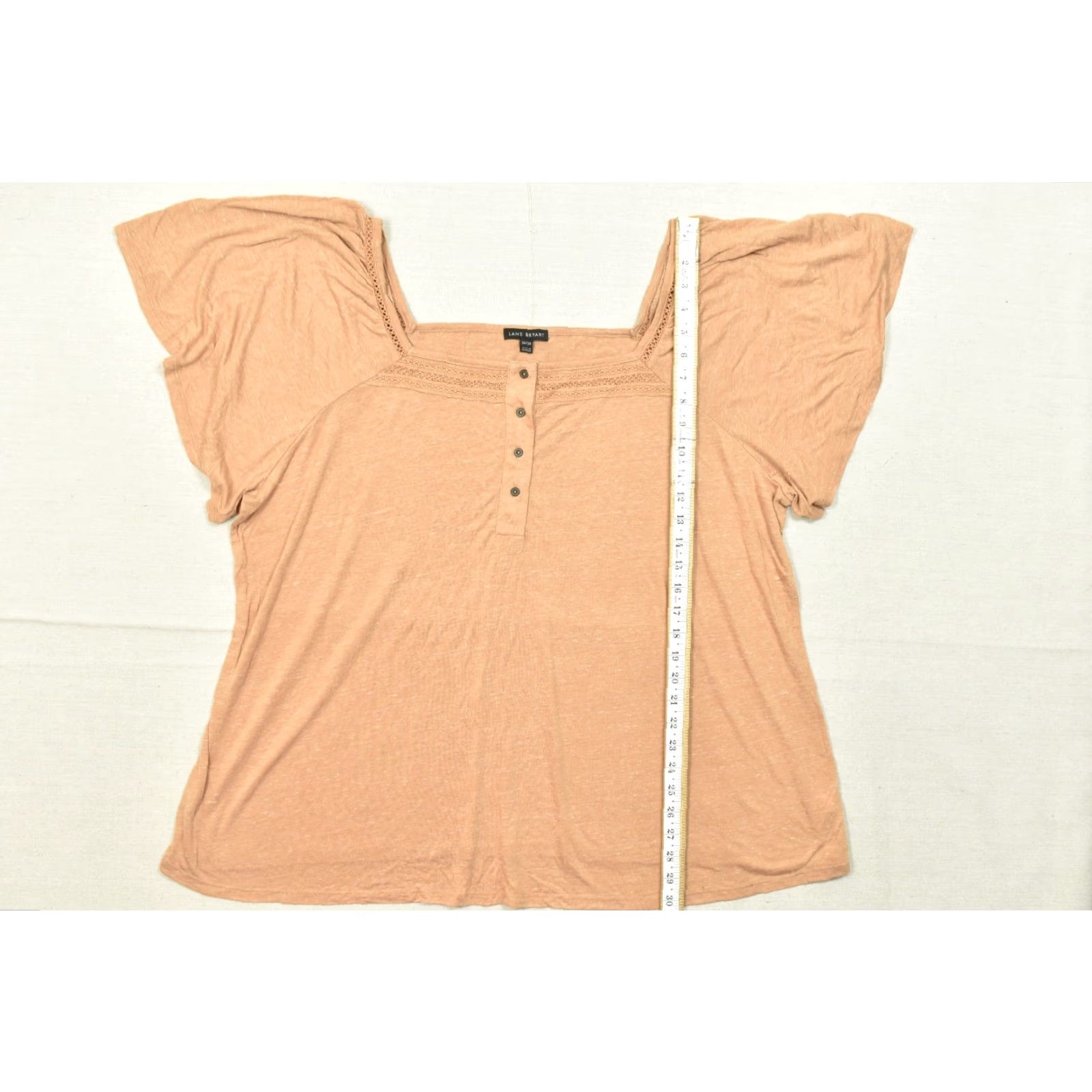 Vintage Lane Bryant Blouse Shirt 26 Orange Plus Women Short Flutter Sleeve Square Neck Crochet Trim Pullover Rayon Size 4XL / US 24-26 - 4 Thumbnail