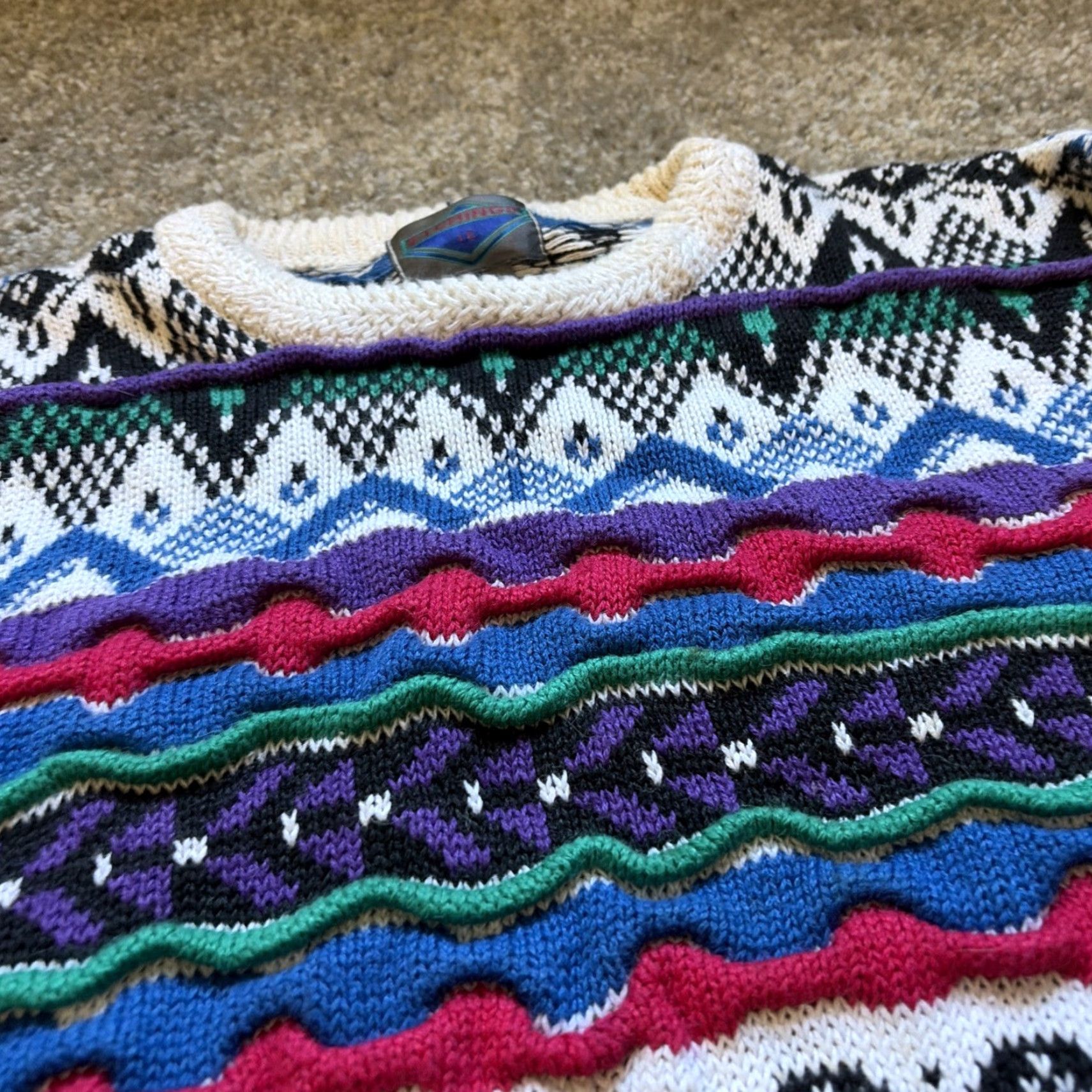 VINTAGE 90s Etchings Coogi Style 3D Cable Knit Multicolor Ramie Cotton Sweater M Men Crew Neck Pullover 90s