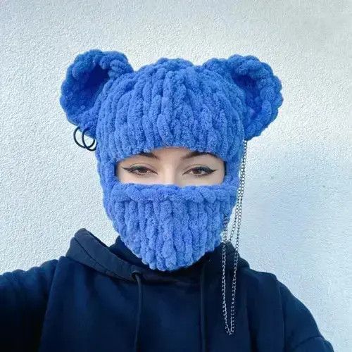 Handmade Knitted Balaclava Ear Bear Beanie Hat Size ONE SIZE - 3 Thumbnail