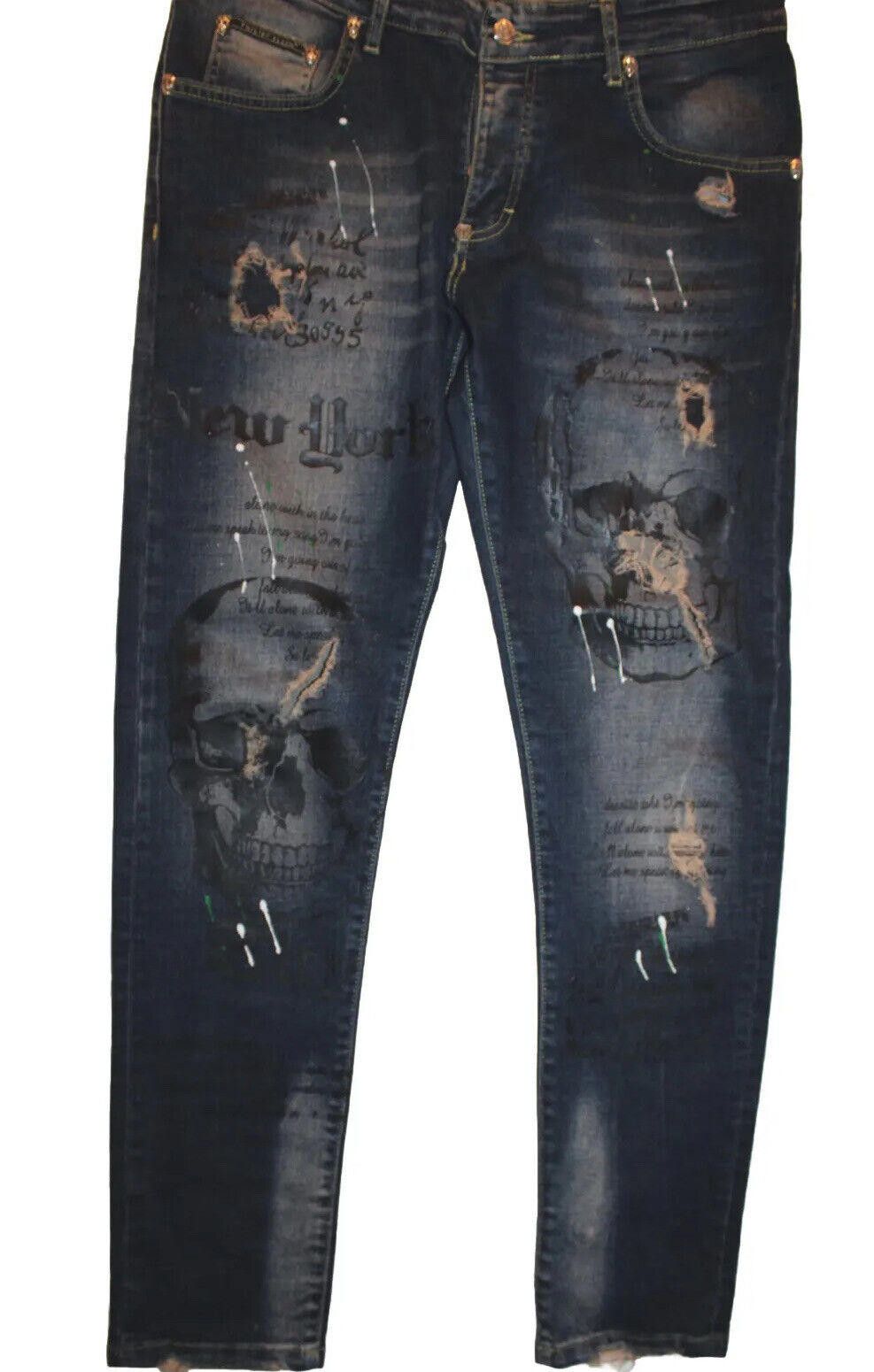 image of Designer Phillip Plein Jeans Fight Club Distressed Straight Blue 34, Men's