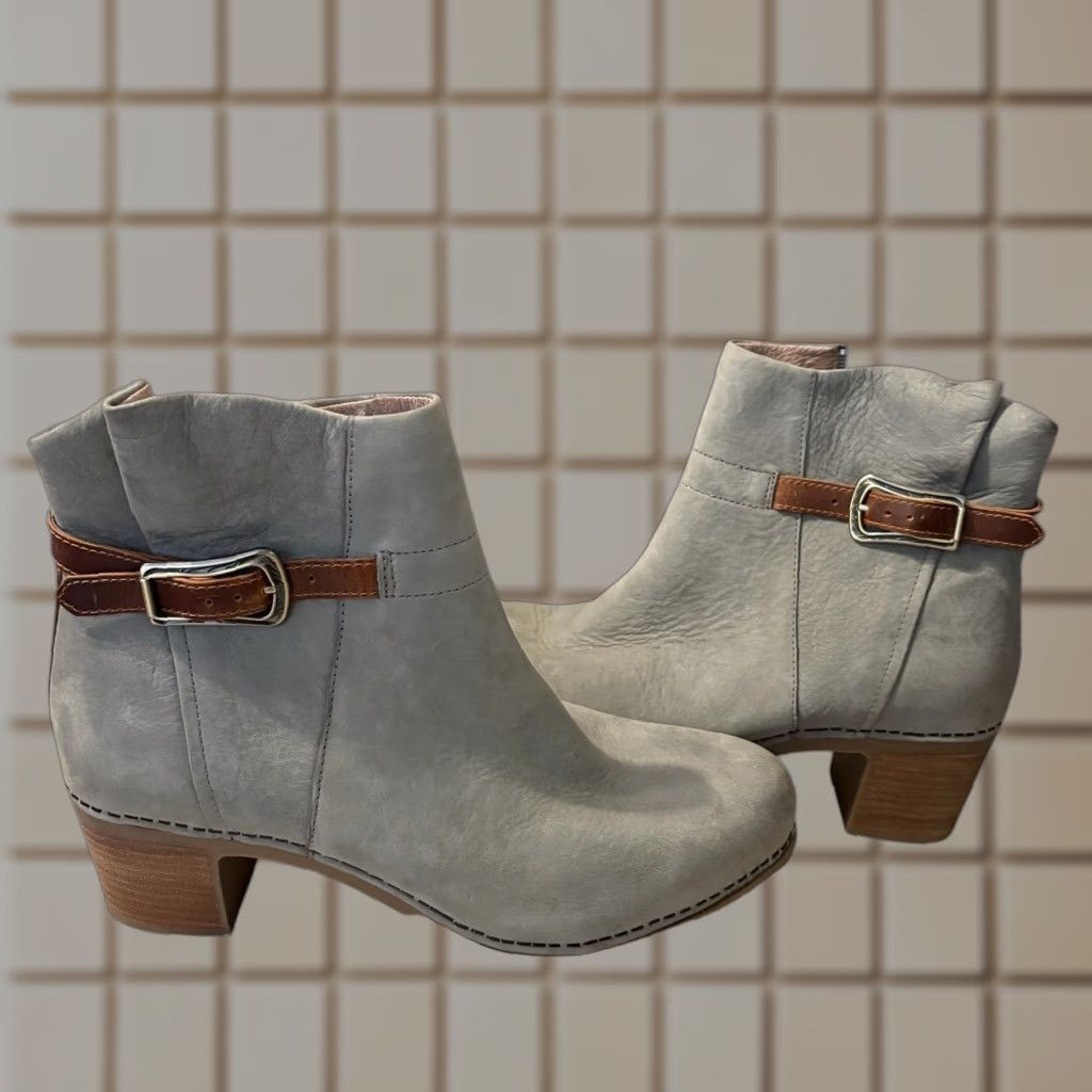 Dansko Hartley Ankle Boot Women Size 11 Gray Nubuck Tan Leather Block Heel Shoes in Grey