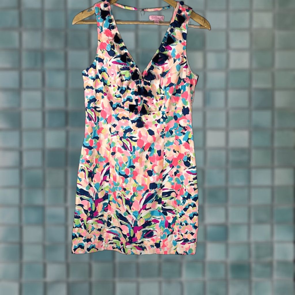 Lilly Pulitzer VINTAGE Lilly Pulitzer Cabrey Shift Dress MULTI PINA COLADA CLUB Pink Navy Size 4 Womens Midi Shift Dress 32" Length Size S / US 4 / IT 40 - 1 Thumbnail
