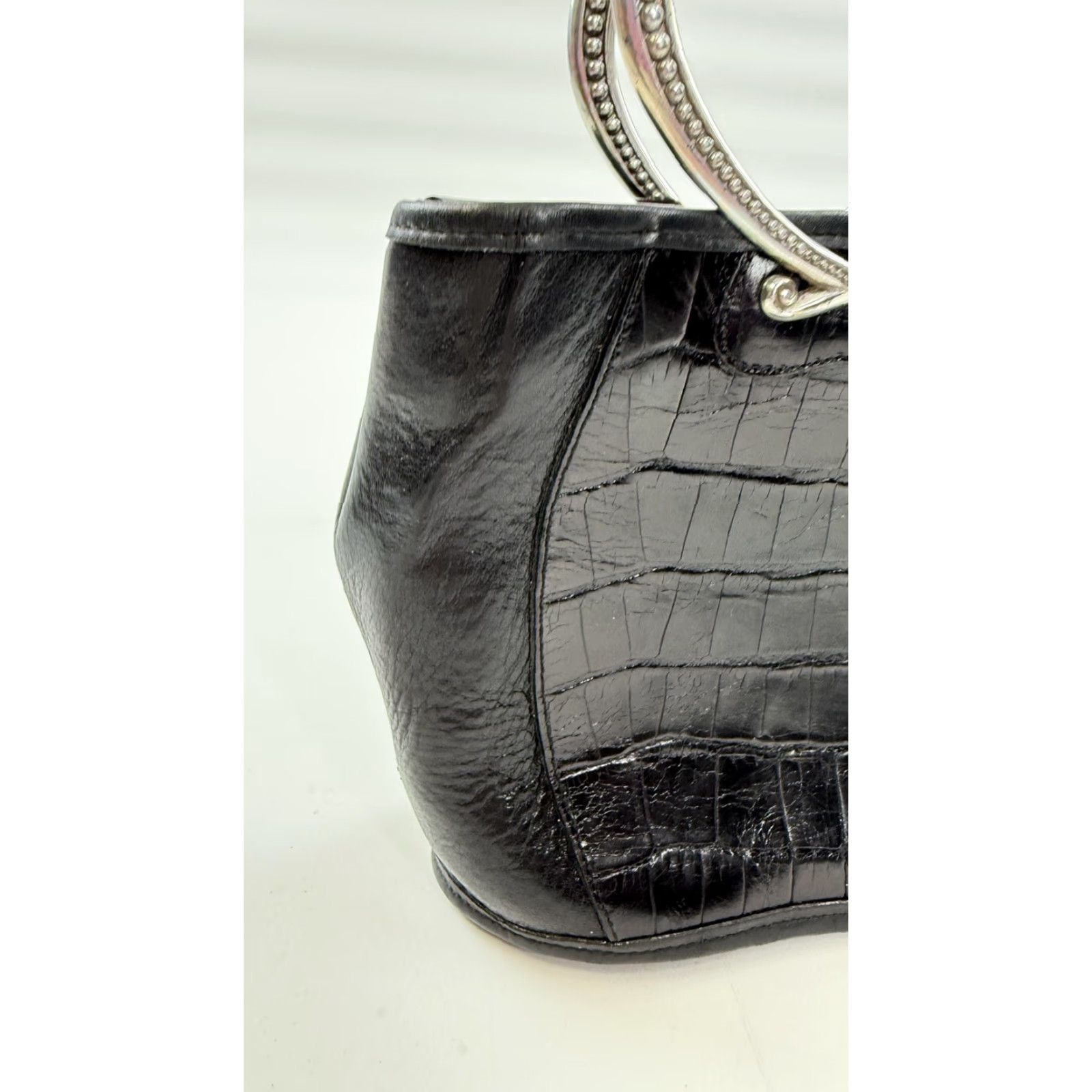 Brighton VINTAGE Brighton Satchel Top Handle Bag Womens Small Black Croc Leather Heart Handles Size S / US 4 / IT 40 - 3 Thumbnail