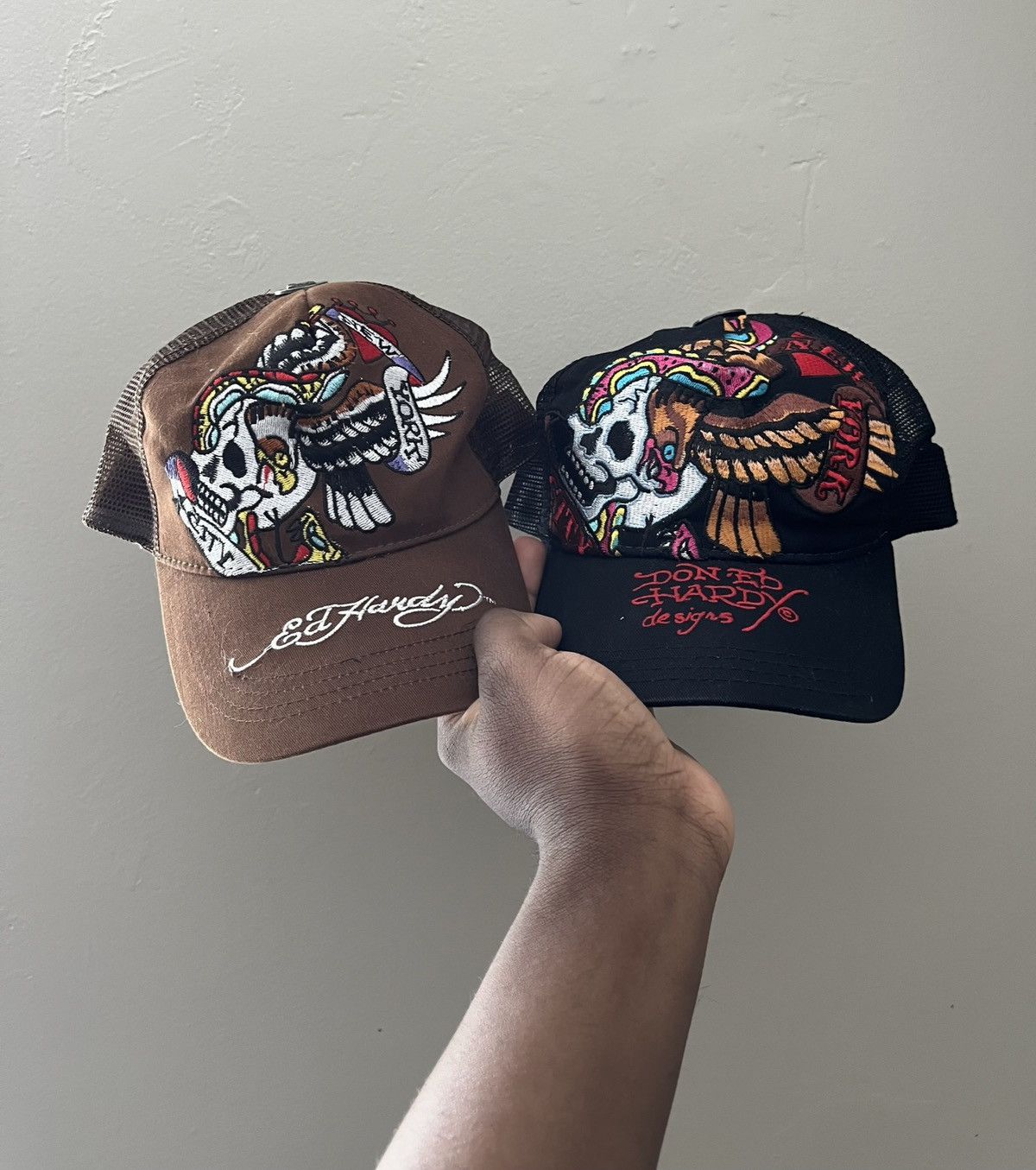 image of Christian Audigier x Ed Hardy Two Ed Hardy Embroidery Skull Trucker Cap, Men's