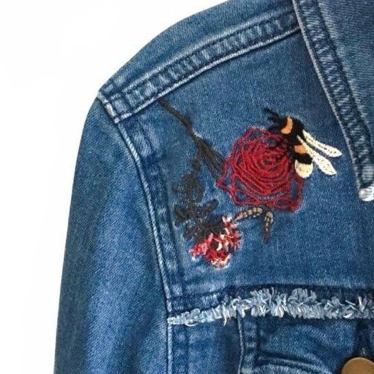 Designer Stylish Blue Denim Jacket with Floral Embroidery Size XS / US 0-2 / IT 36-38 - 4 Thumbnail