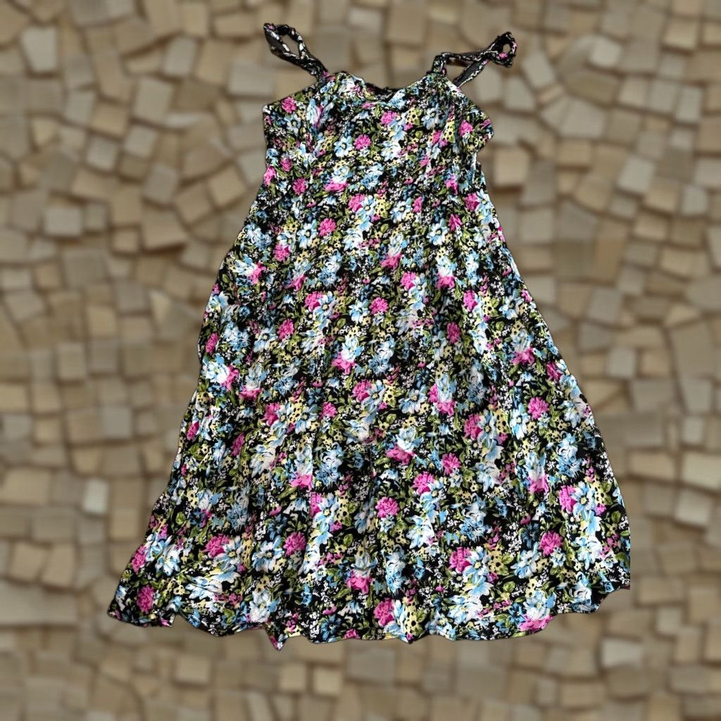 Vintage Karin Stevens Dress, Womens 10, Floral, A-Line, Spaghetti Strap, Sleeveless, Casual, Pink, Black Blue, 10, Regular, Women, Flower, Dress Size L / US 10 / IT 46 - 1 Thumbnail