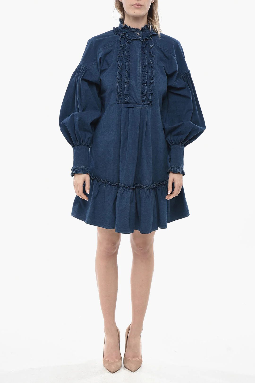 Valentino og1mm0426 Ruffle-Front Cotton Shirt Dress in Blue Size M / US 6-8 / IT 42-44 - 1 Thumbnail
