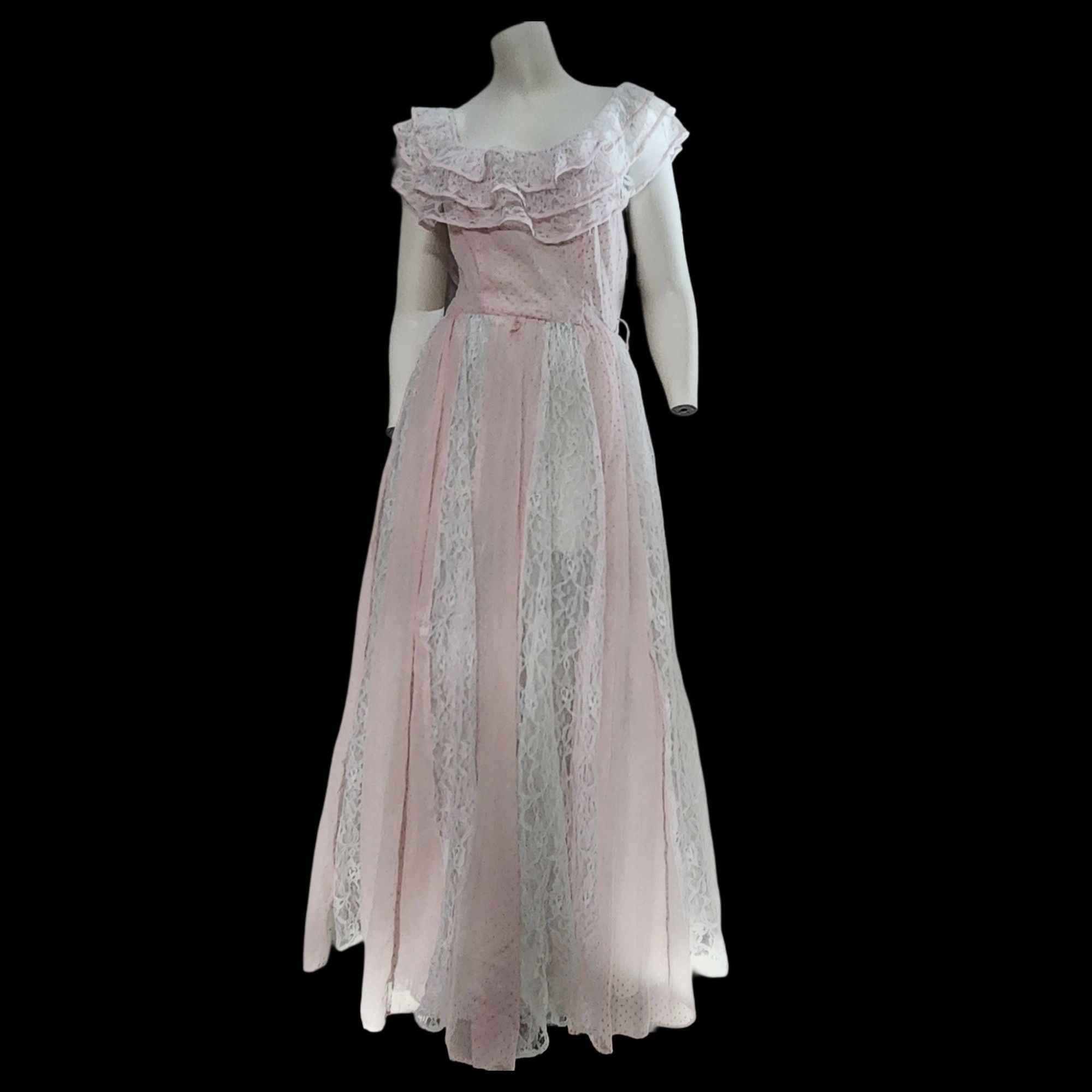 Handmade Vintage Prom Dress Halloween Costume Pink Lace Handmade Prai Size XXS / US 00 / IT 34 - 2 Thumbnail