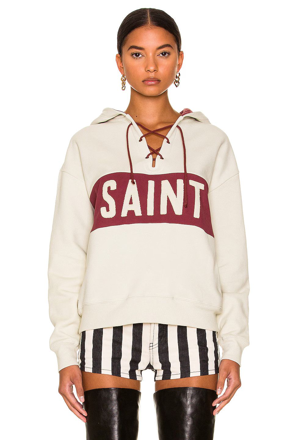Saint Laurent Paris o1bcso1str1124 Laced Hoodie in Dirty Creme/Bordeaux Size S / US 4 / IT 40 - 1 Thumbnail