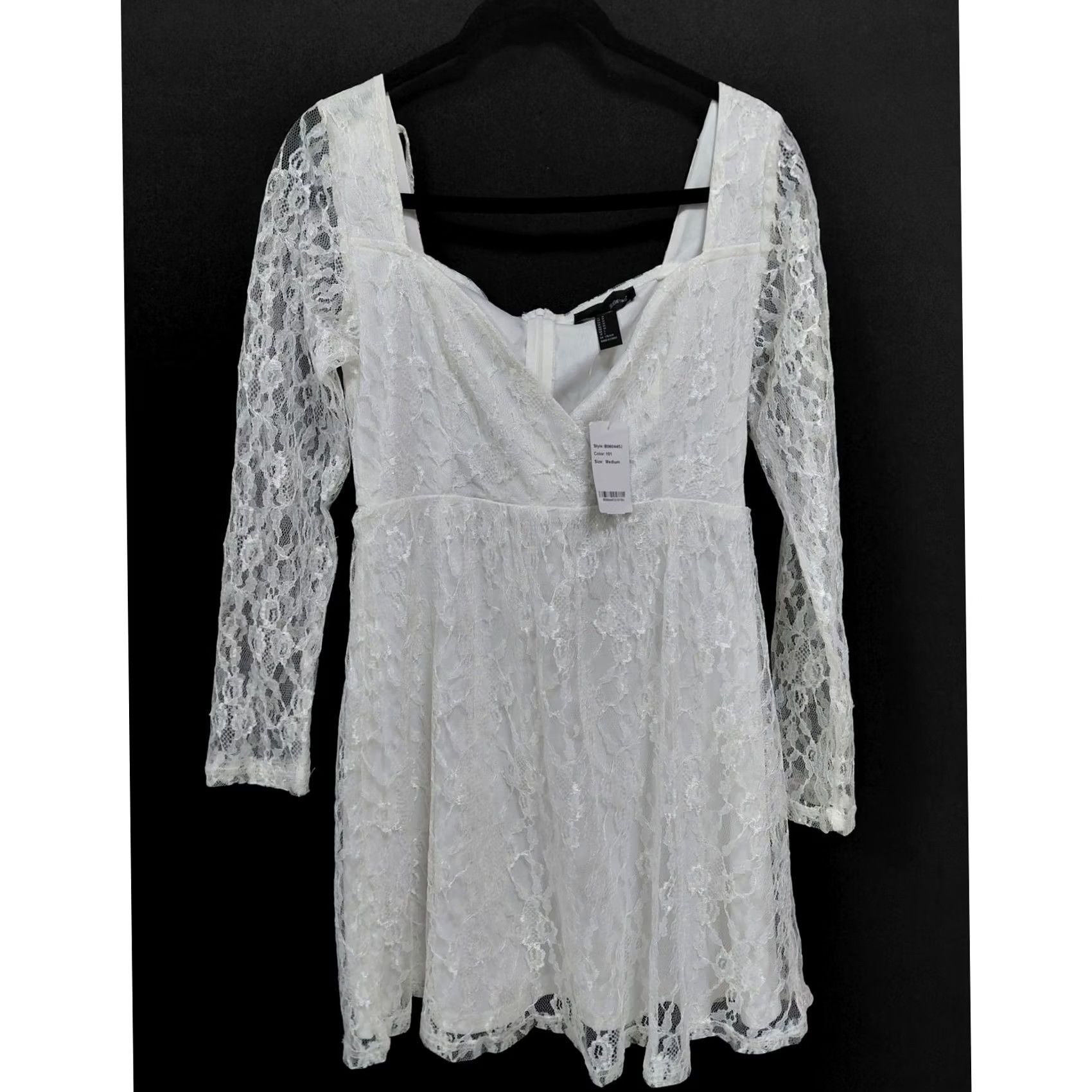 Vintage SBetro White Lace Dress Long Sleeve Scoop Neck A-Line Women M Short Solid Dress Size M / US 6-8 / IT 42-44 - 2 Thumbnail