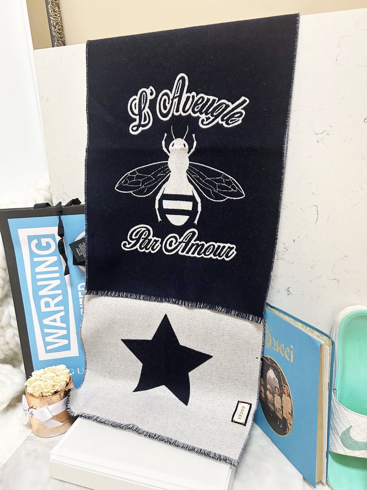 Authentic Gucci Wool L’ Aveugle Navy Star / Bee Scarf