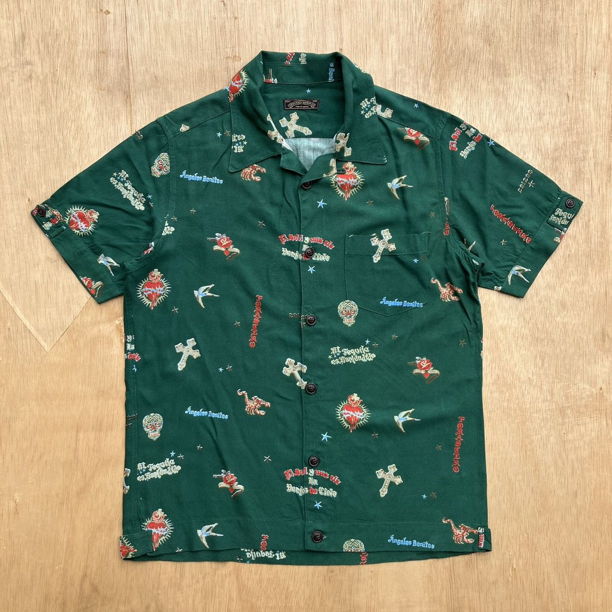 Japanese Brand 291295 HOMME DAY OF THE DEAD DARK GREEN OPEN COLLAR SHIRT Size US M / EU 48-50 / 2 - 1 Thumbnail