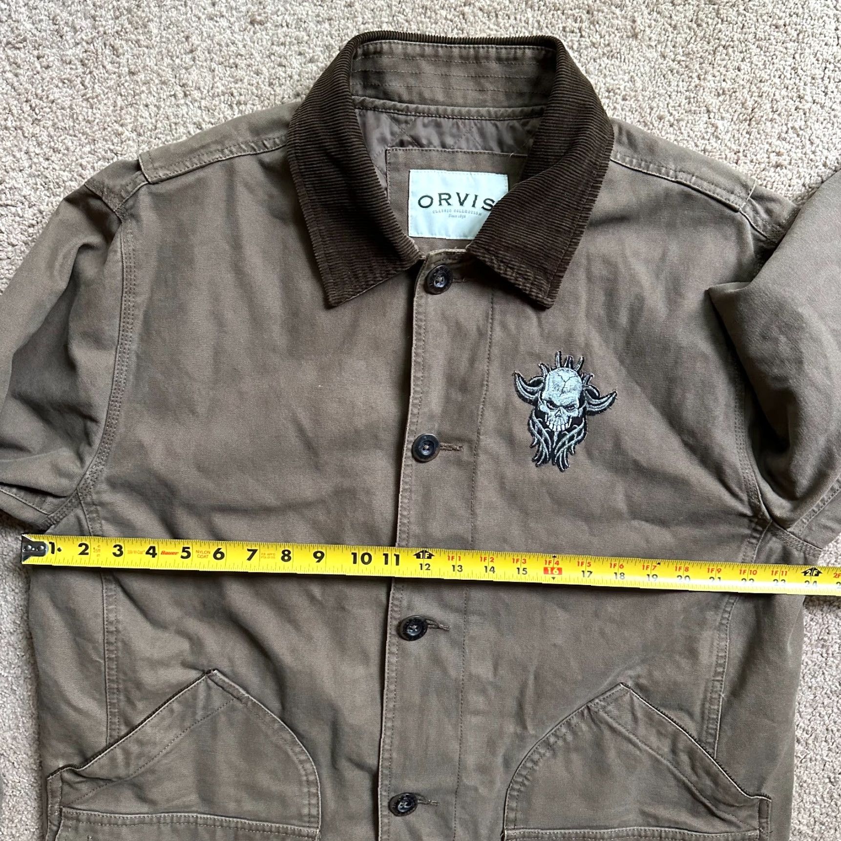 Orvis Jacket Mens L Chore Barn Coat Button Close Corduroy Collar Patch Brown