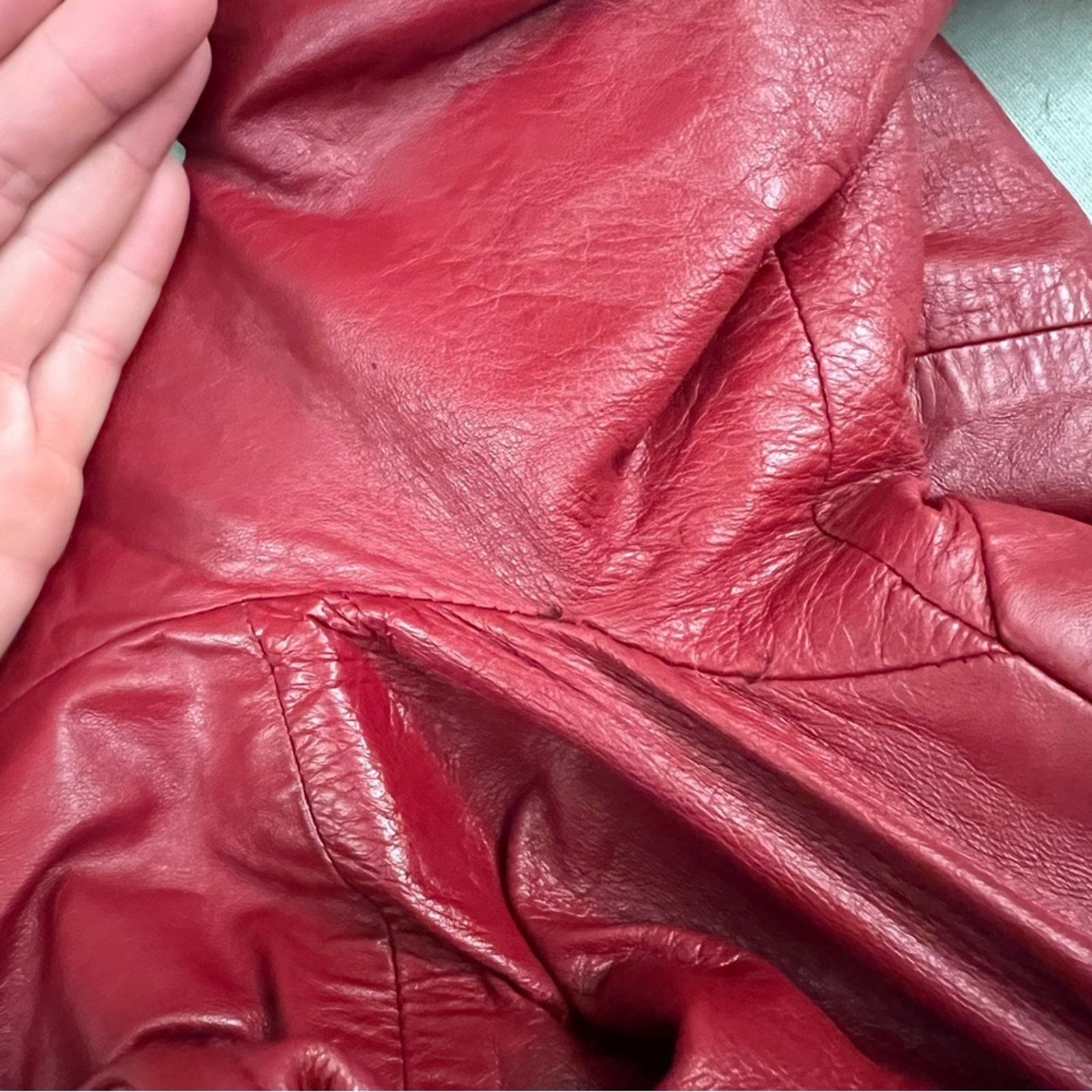 Vintage 60s 70s Red Leather Silver Fox Fur Mrs Claus Trench Coat Size XL / US 12-14 / IT 48-50 - 16 Thumbnail