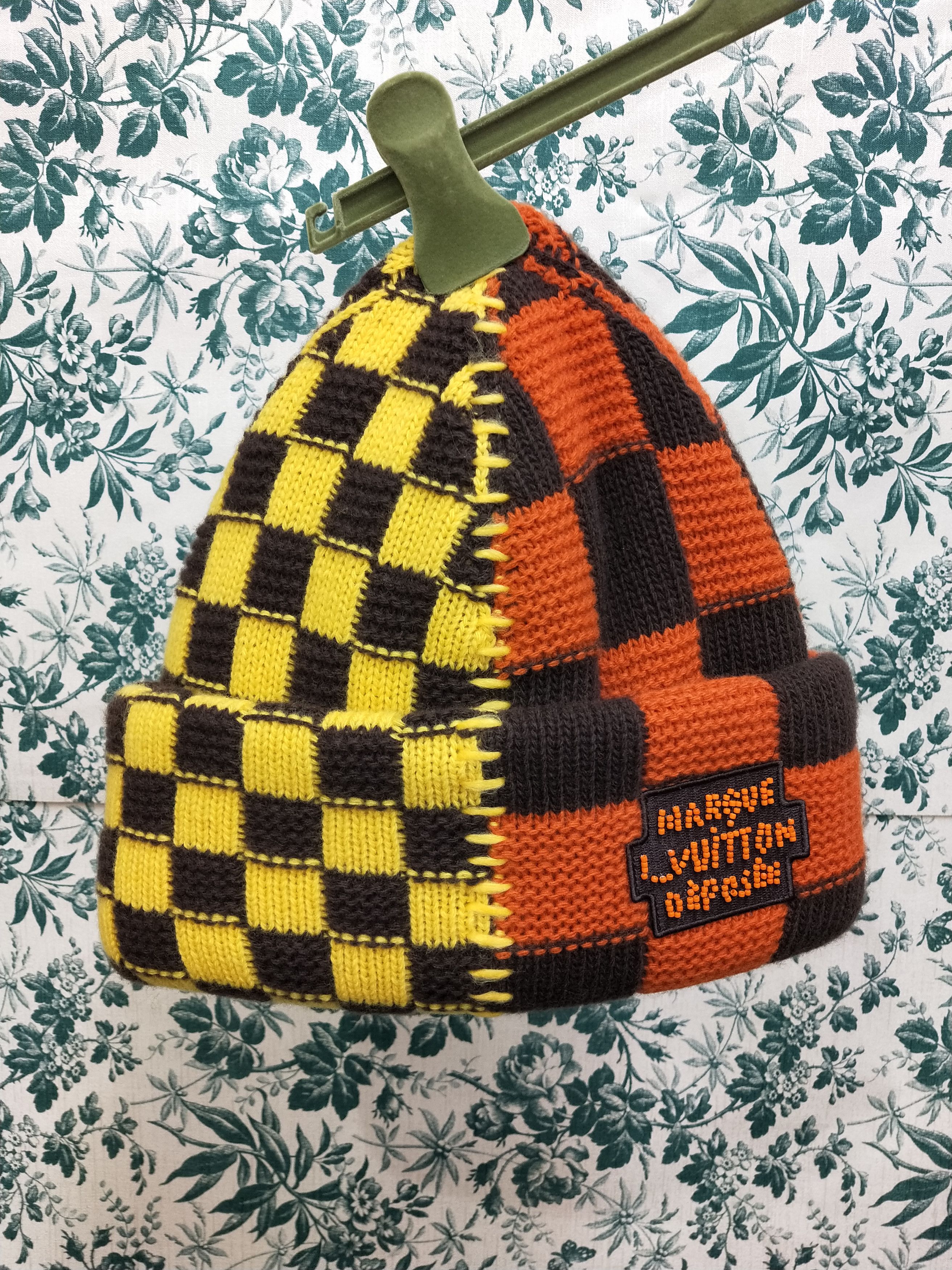 image of Louis Vuitton Damier Pop Split Beanie in Orange Yellow, Men's